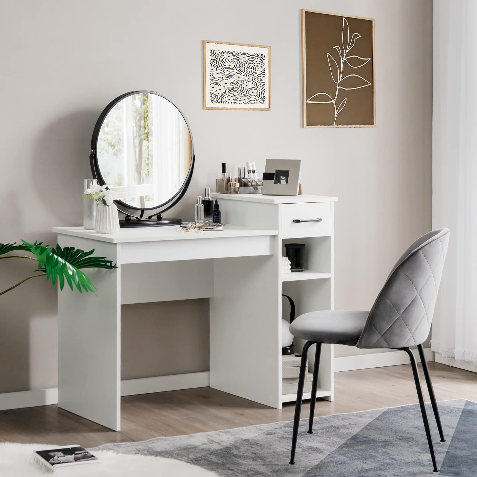 Giantex White 40" Computer Desk Study Writing Table w/ Drawers & Printer Shelf
