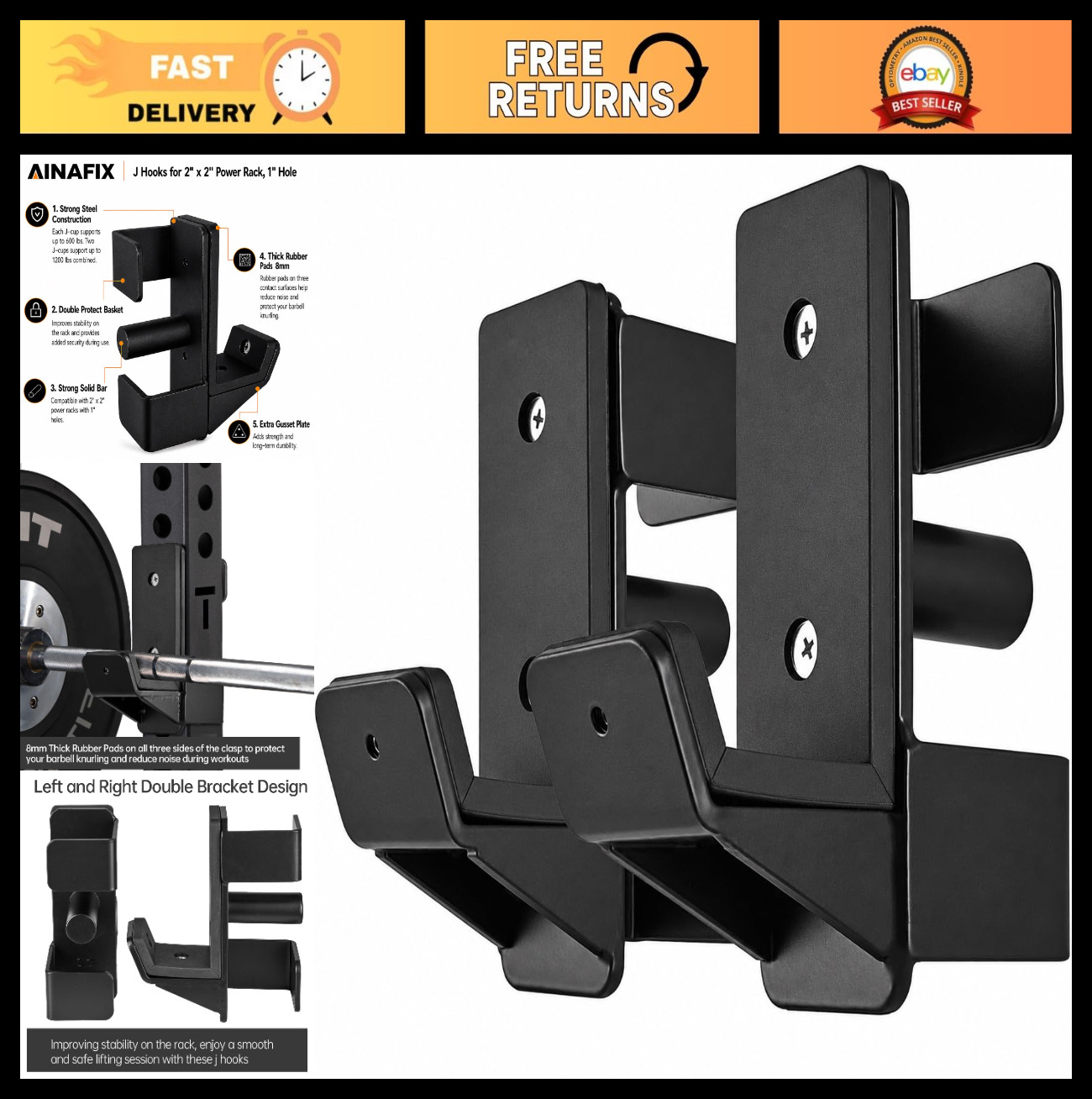 Heavy Duty J Hooks for 2"x2" Power Rack - Rubber Pad Barbell Holder, Reinforced