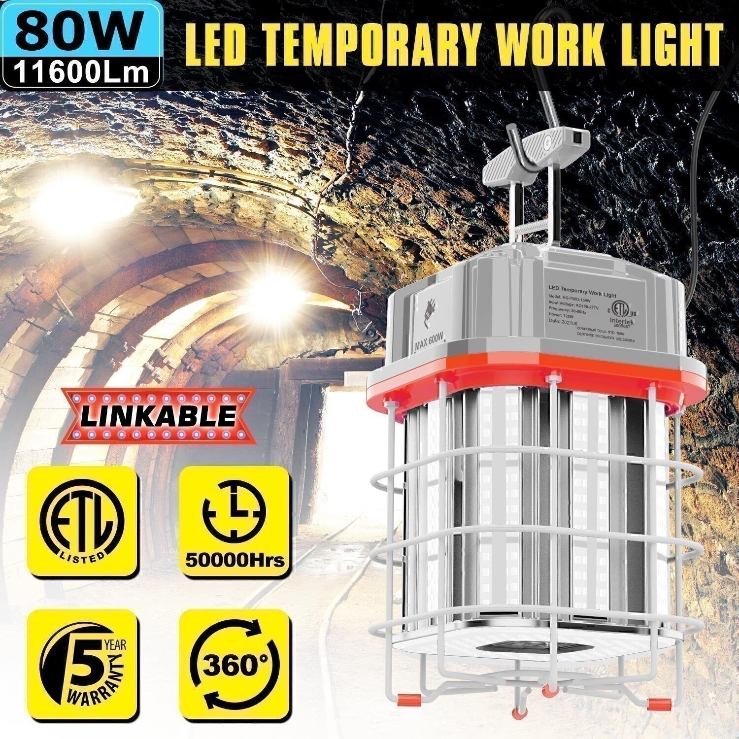 80 Watt Linkable LED Temporary Work Light Jobsite Constructions Hanging Lamp ETL