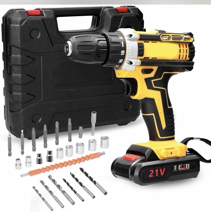 21V Cordless Electric Drill Brush Motor 24 Piece Accessories With Battery- New