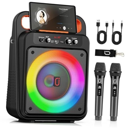 Karaoke Machine with 2 Wireless Microphones, Portable Bluetooth Gloosy Black