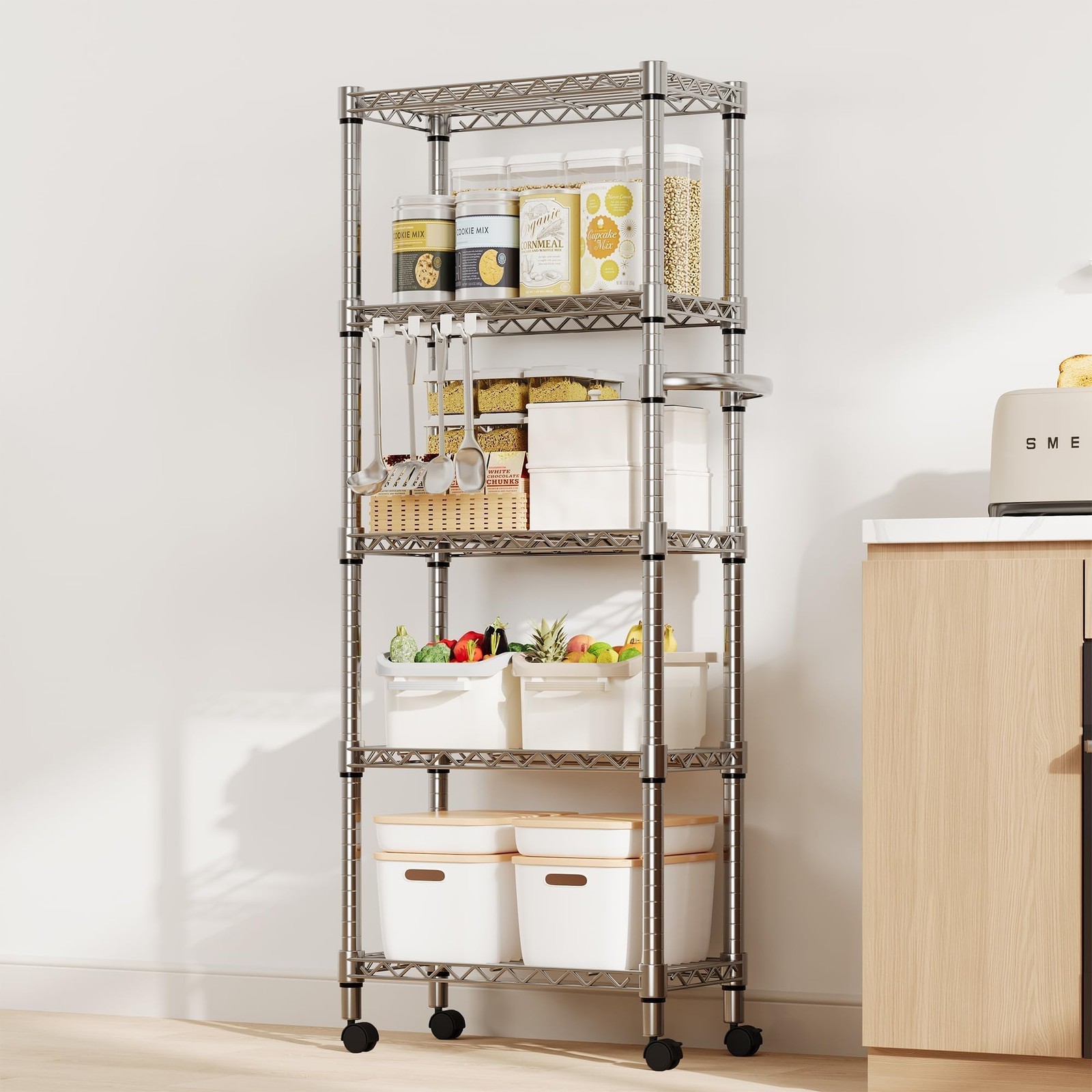 5-Tier Metal Wire Rack ,Heavy Duty Storage Shelving Unit Mesh Rack with Wheels