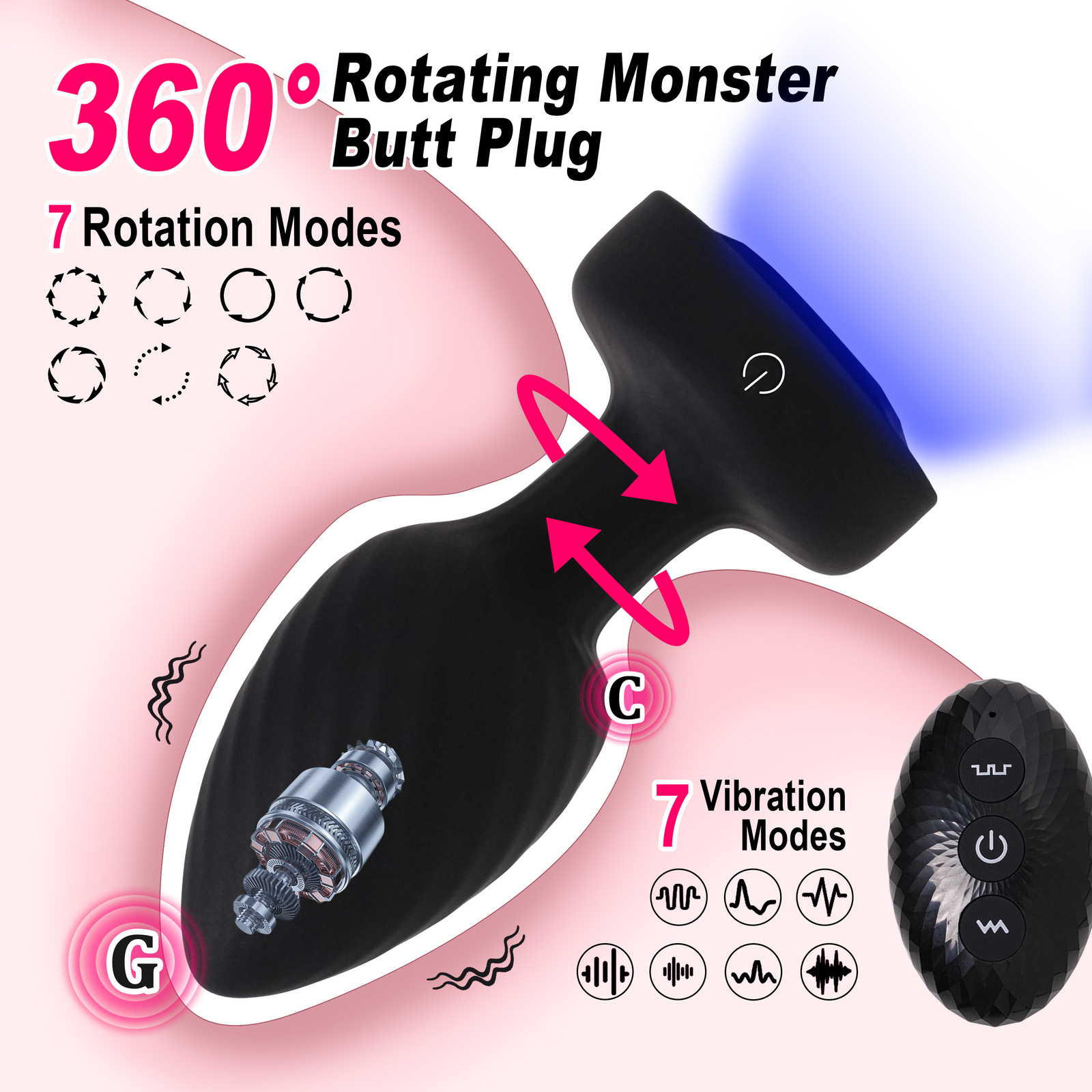 360° Rotation Vibrating Butt Plug Prostate Massager with LED Anus SexToy for Man