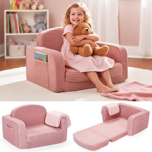 Foryoomi 2 in 1 Convertible Kids Couch - Corduroy Fold Out Kids Medium Pink