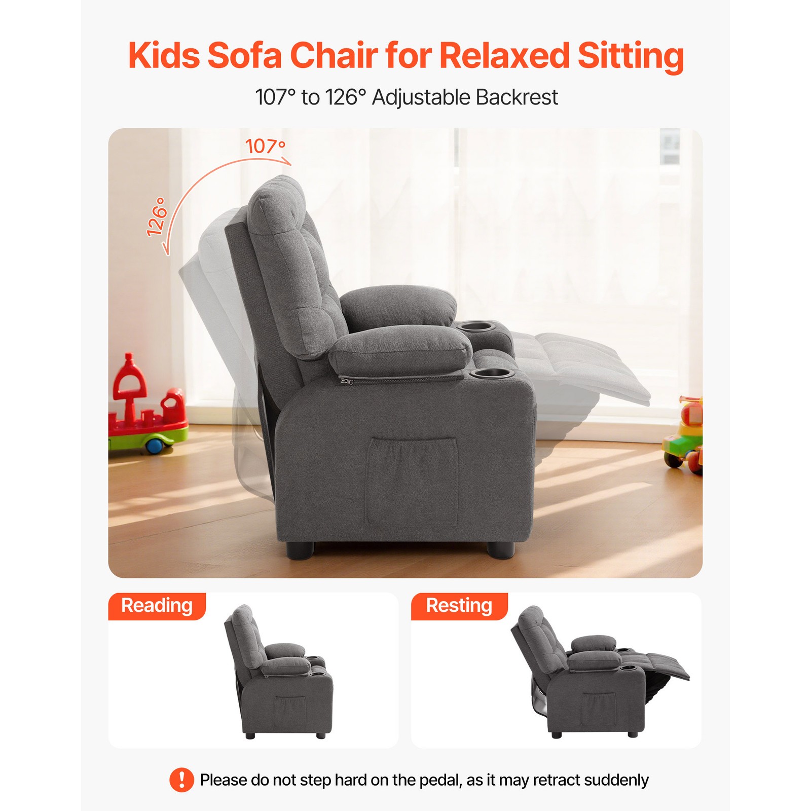 Uimoso Kids Reclining Chair Toddler Recliner with Cup Holders & Pockets (Grey)