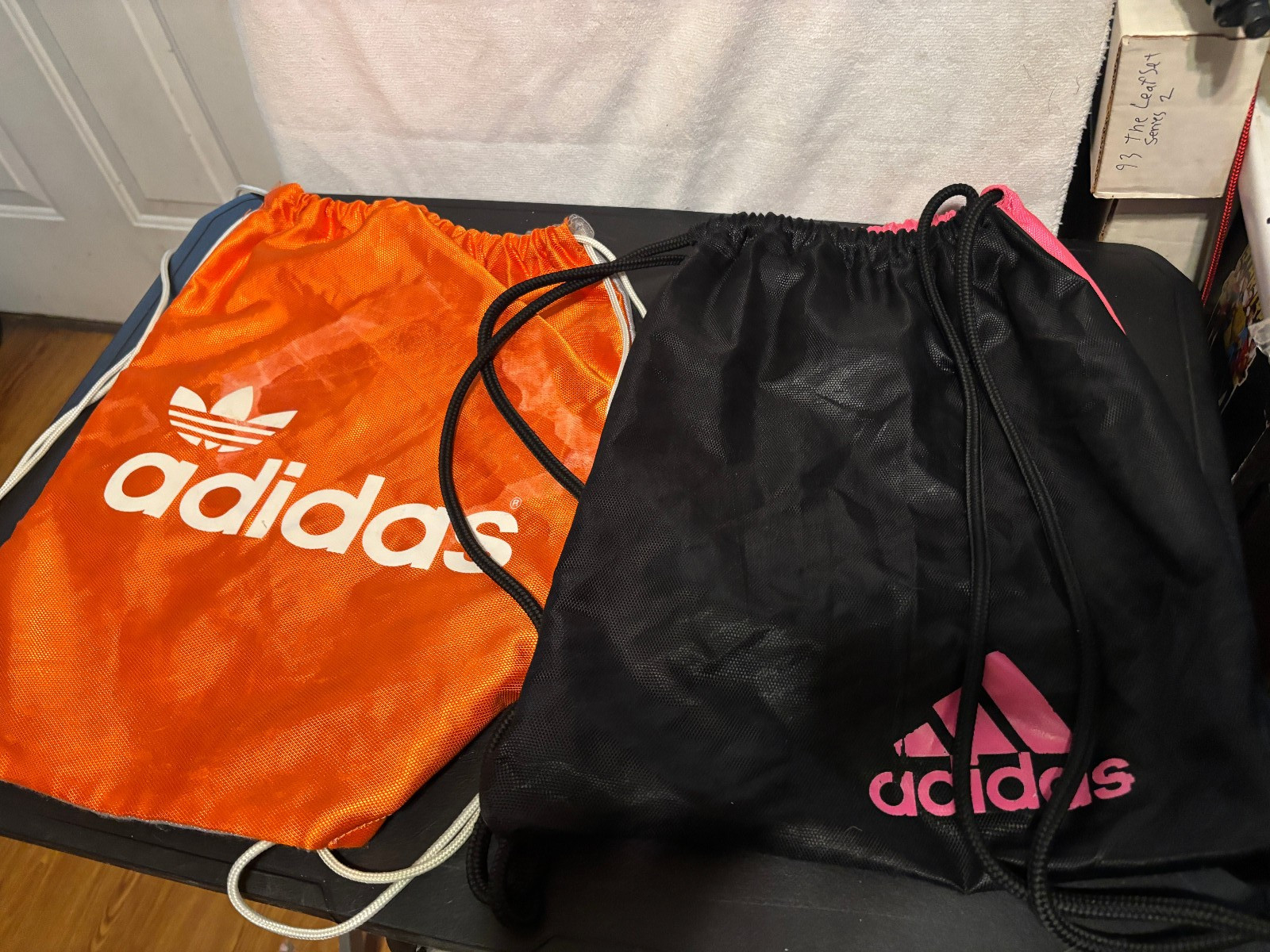 Adidas Drawstring bag lot of 2. Orange Silver Pink Black Shoe tote Fitness