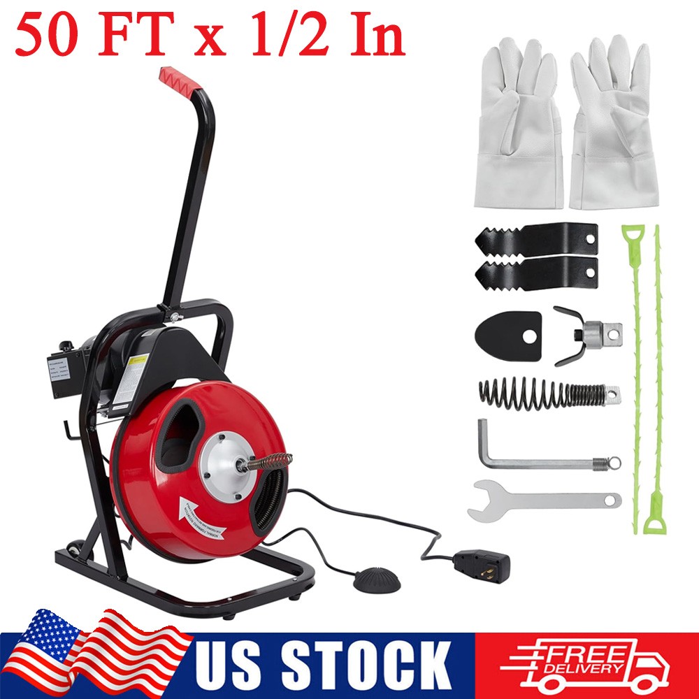 50FTx1/2In Drain Cleaner Machine Auto Feed Drain Auger Sewer Snake w/ 4 Cutters