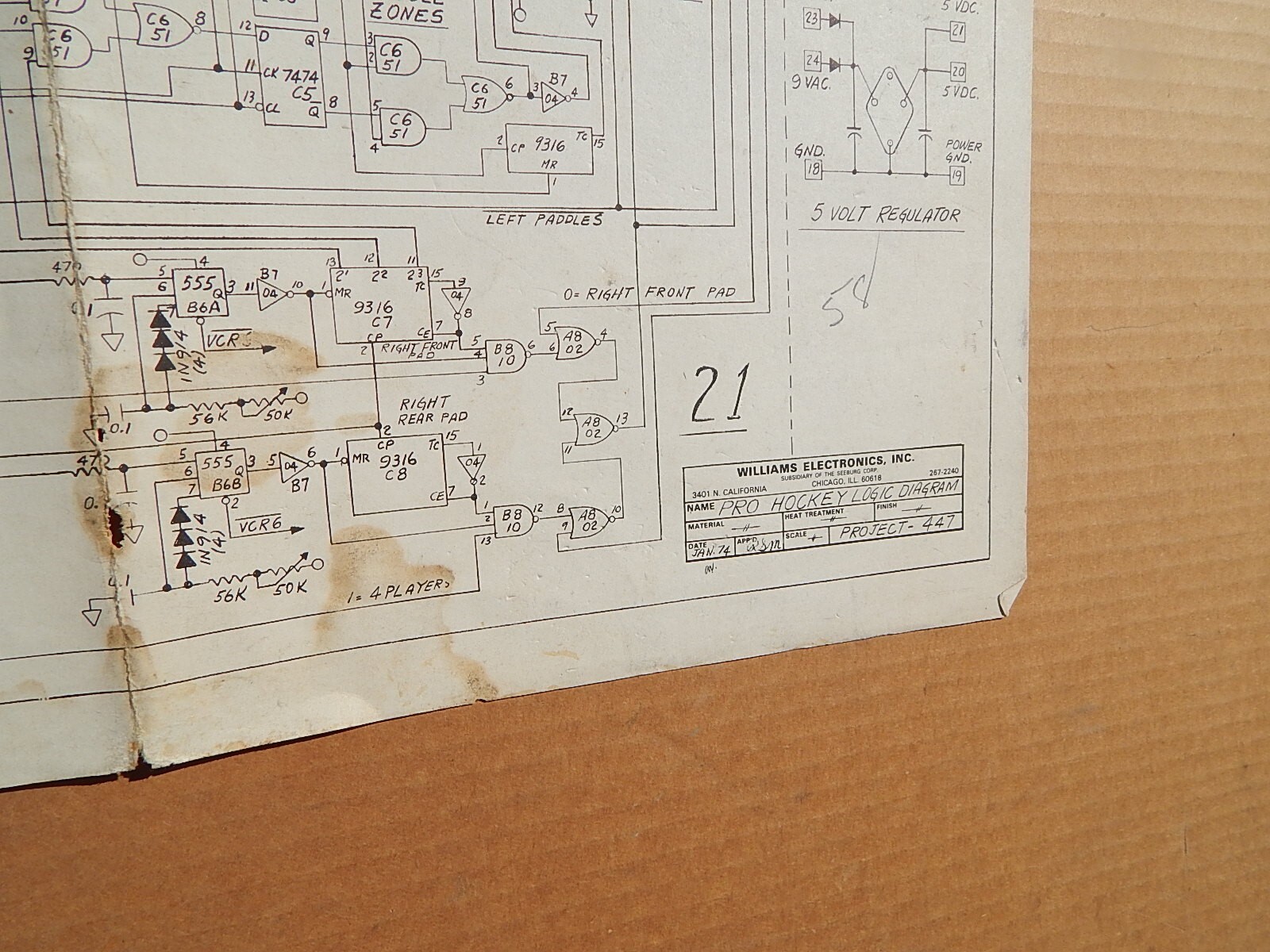 1973 Williams PRO-HOCKEY video game service schematic