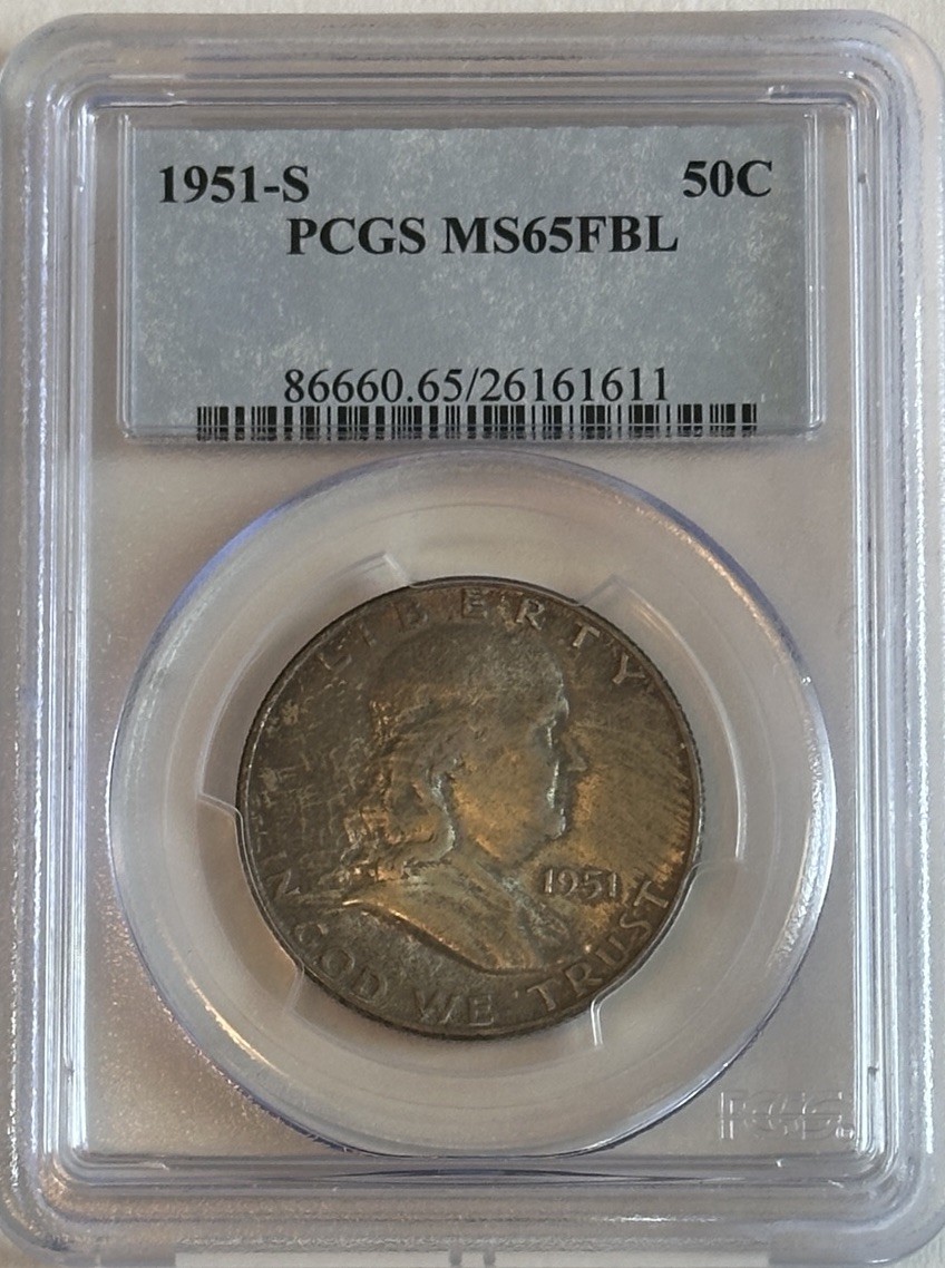 1951-S FRANKLIN HALF DOLLAR, 50C, PCGS, MS65FBL, TONED COIN