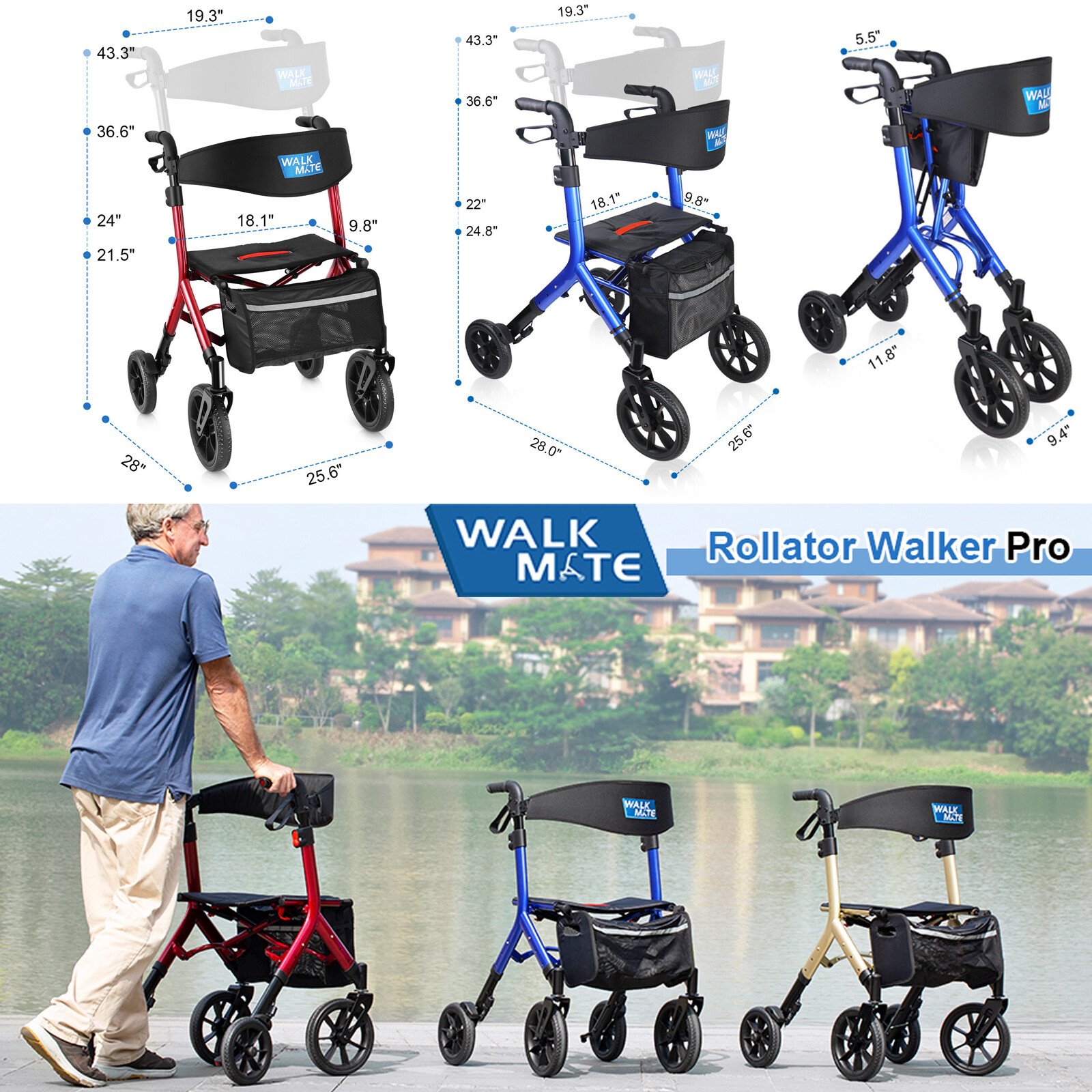 Rollator Walker for Seniors 10" Wheels Seat Padded Backrest Mobility Walking Aid