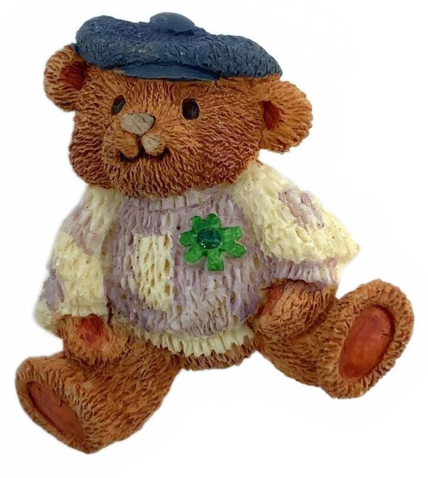 Vintage Resin Teddy Bear Kitsch Brooch Brown Blue Hat Purple Sweater Pin Small