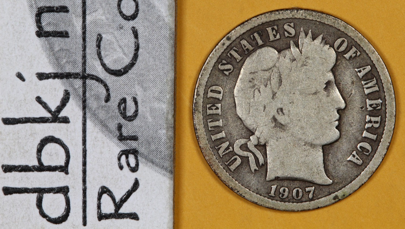 1907 D - Liberty Head "Barber" Silver Dime 10¢ - VG - Very Good dbkjB