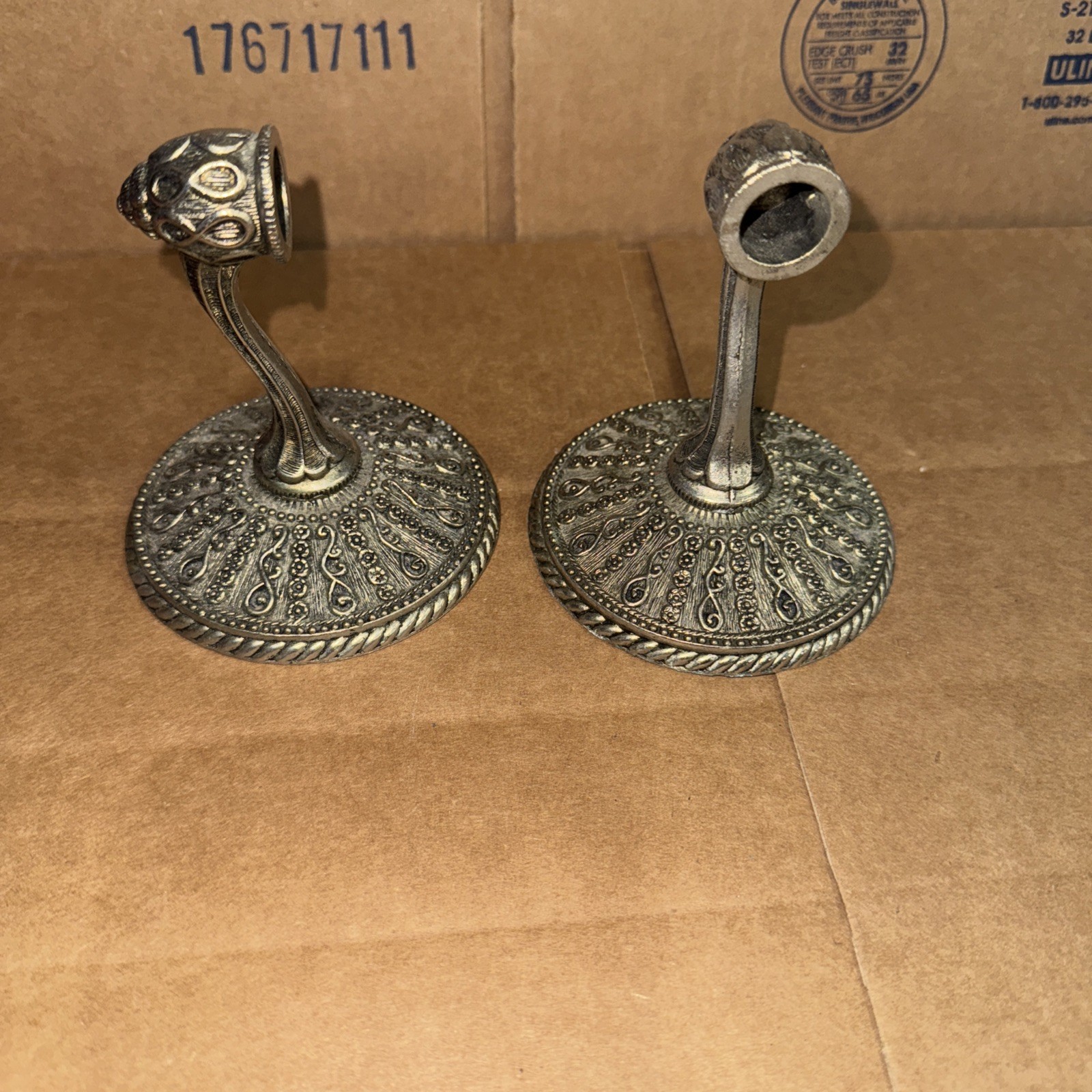 Vintage 1968 Ornate Brass Metal Bathroom Towel Bar End Caps 2 pc. A1