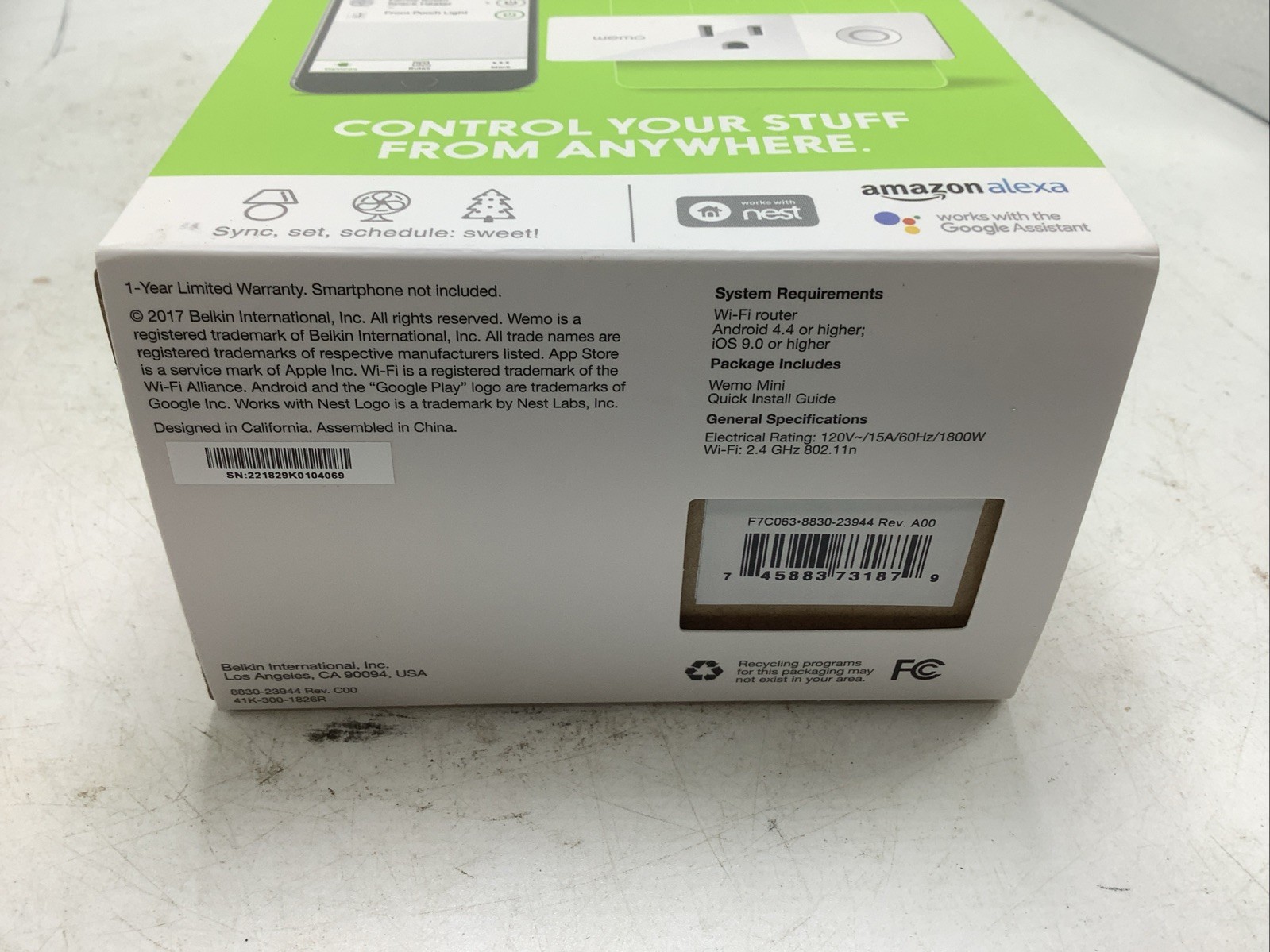 NEW Belkin Wemo Mini Smart Plug Wi‑Fi – F7C063 – Alexa/Google/Siri
