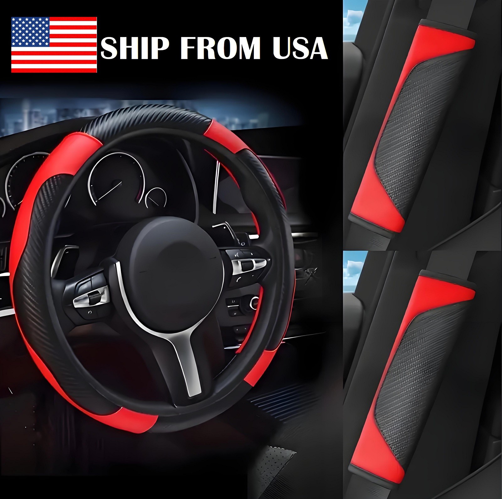 4× Car Seat Belt Liner Covers & Armrest Pad & Steering wheel Cover Auto Set US