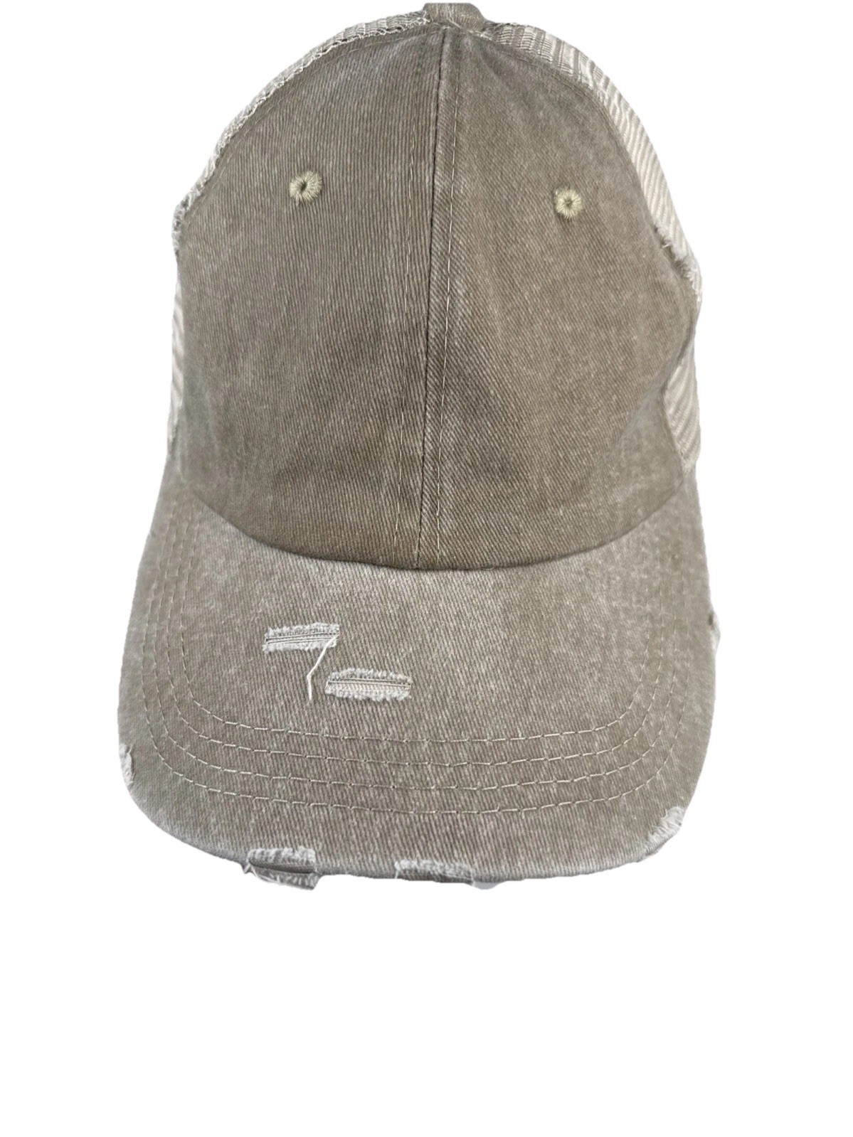Ponytail Open in Back Trucker Tan Hat Cap Distressed Fabric Cotton