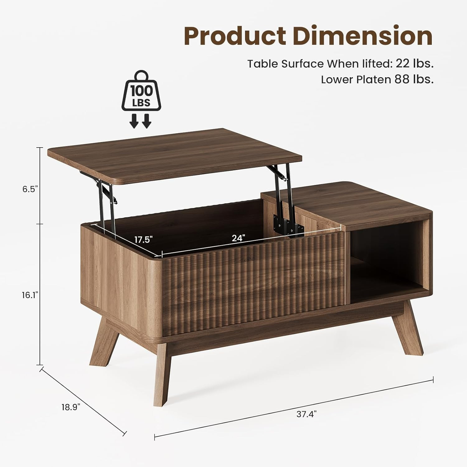 Fluted Coffee Table with Hidden Storage,Modern Wood Coffeetable with Open Shelf,