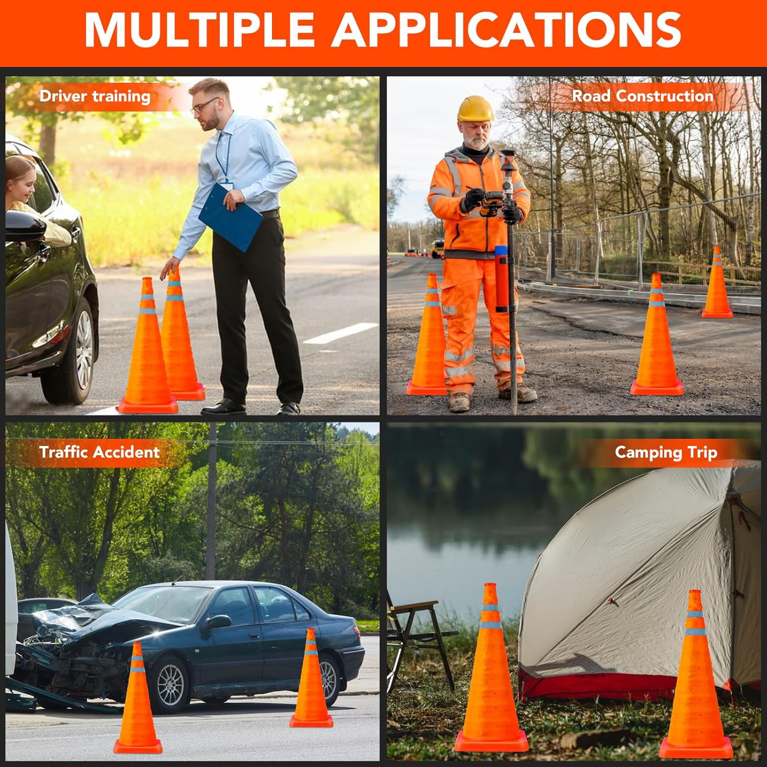 2 Pack 28" Collapsible Traffic Safety Cones - Reflective Parking Training
