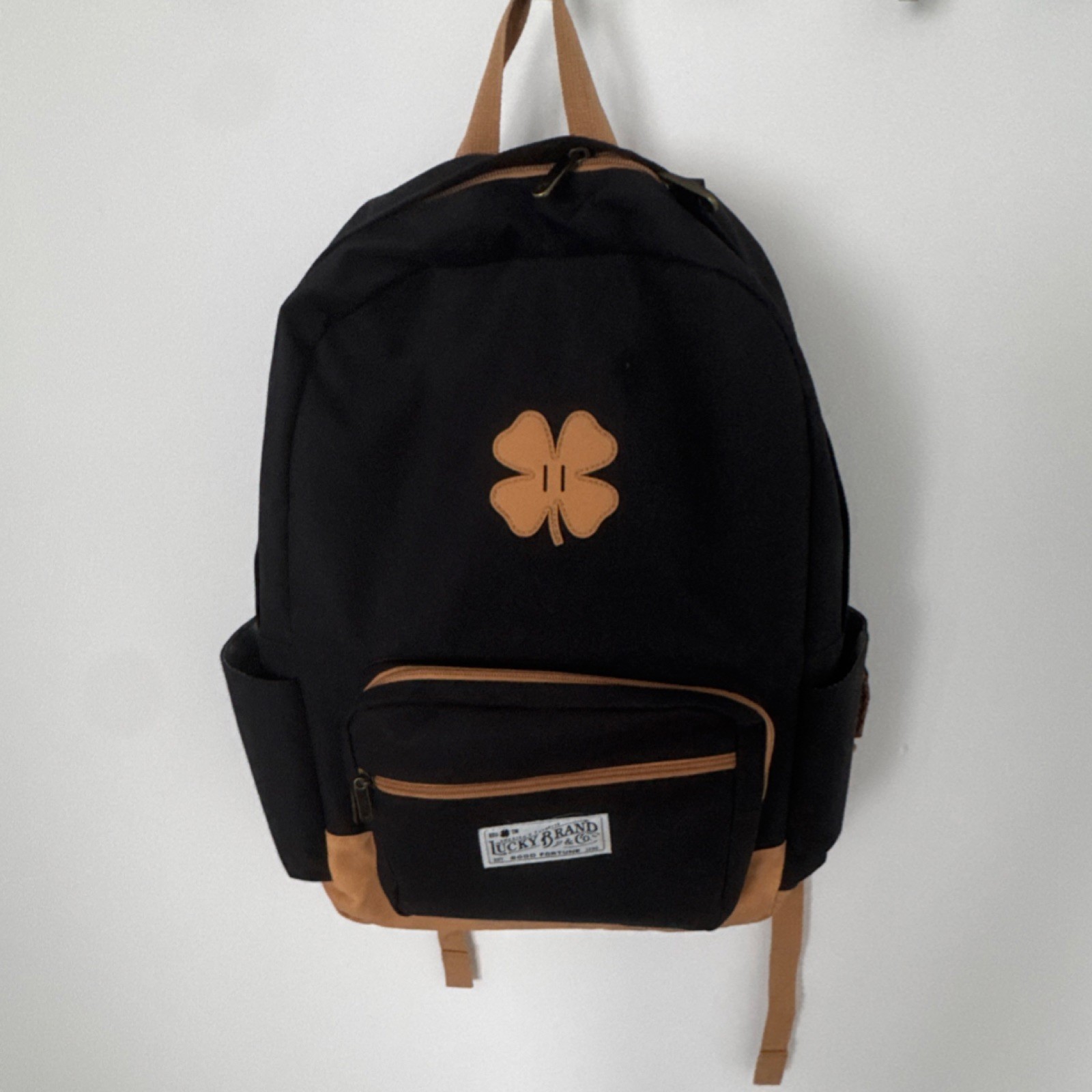 Lucky Brand Black Brown Canvas Hiking Backpack Patch Logo Adjustable Straps