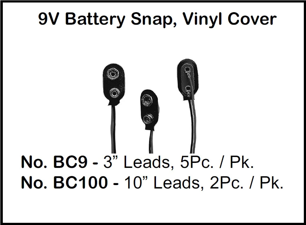 BC9, Philmore 9V Battery Snap, Vinyl Cover with 3 Inch (3") Wire Leads - 5 Pack