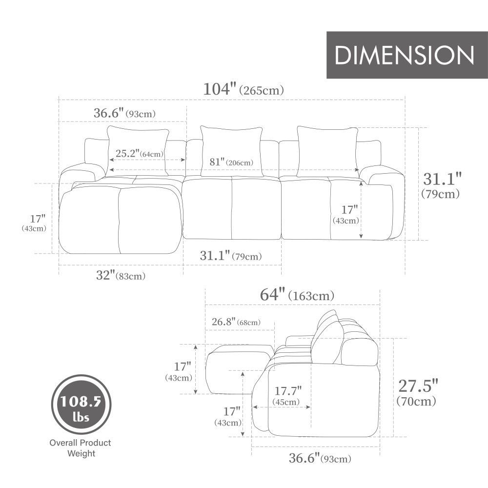 104.3" L-Shaped Modular Sectional Sofa w/ Ottoman & Pillows, Ivory