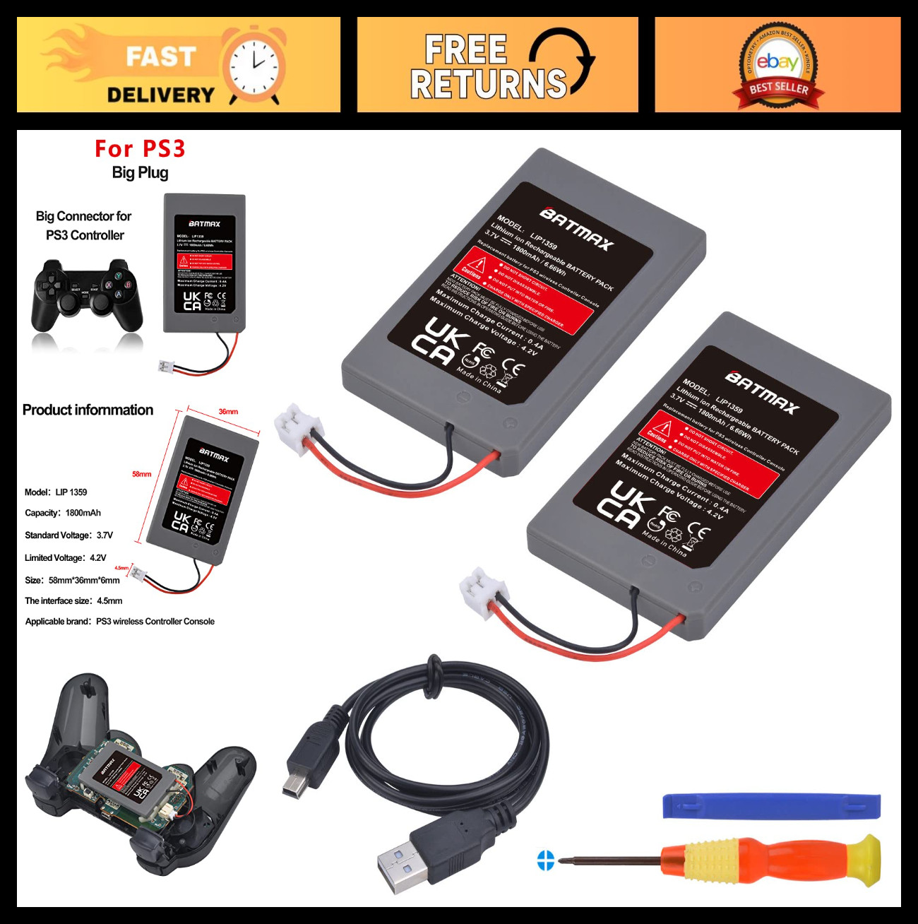 2-Pack Replacement Battery for Sony PS3 Controller DualShock 3 Sixaxis CECHZC2E