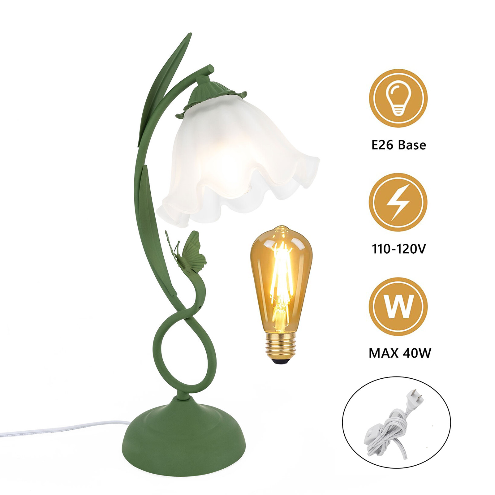 Flower Shape Glass Table Lamp Bedside Desk Light Fixture Green Reading Lamp...