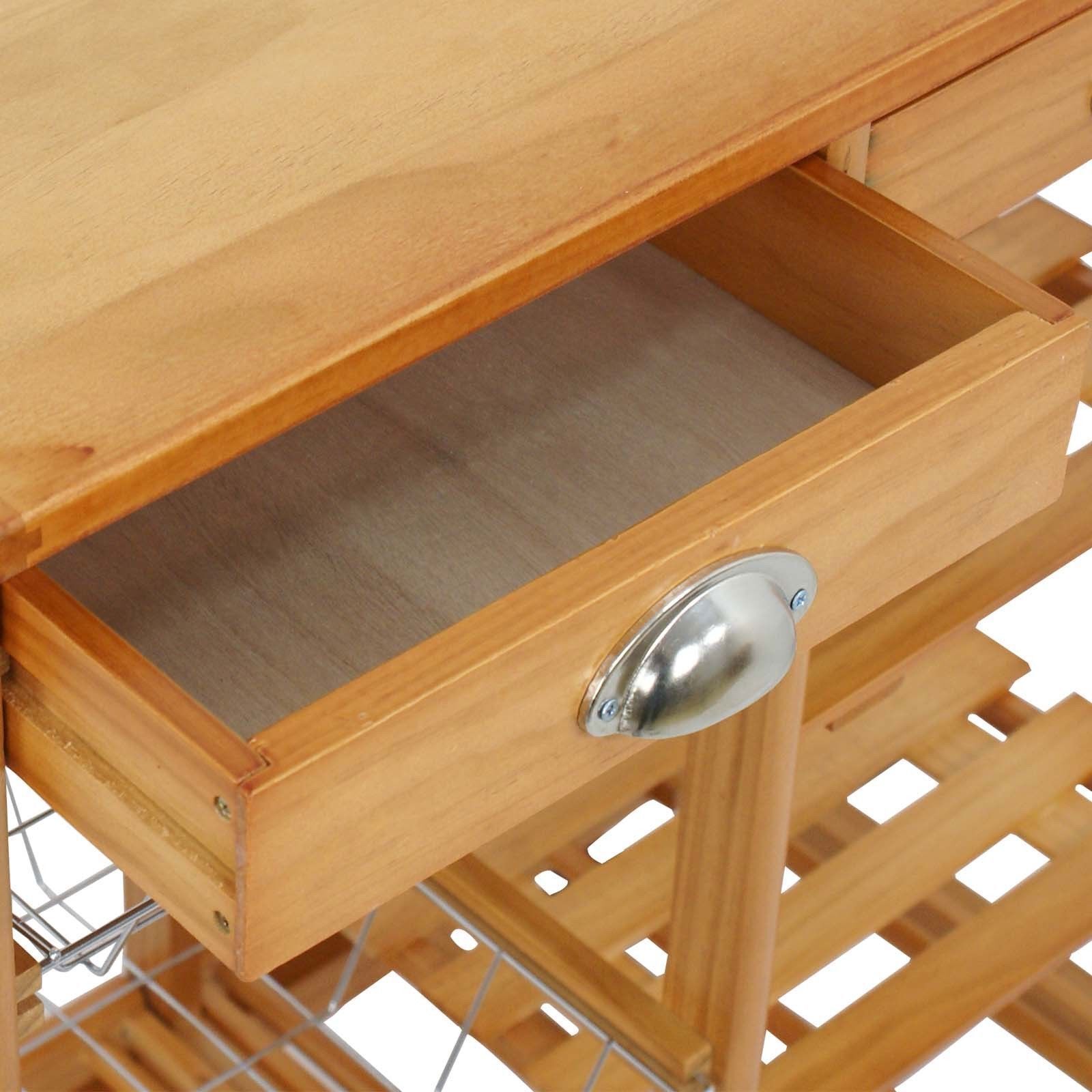 Durable Bamboo Rolling Kitchen Storage Cart Trolley wi/ Storage Drawers Baskets