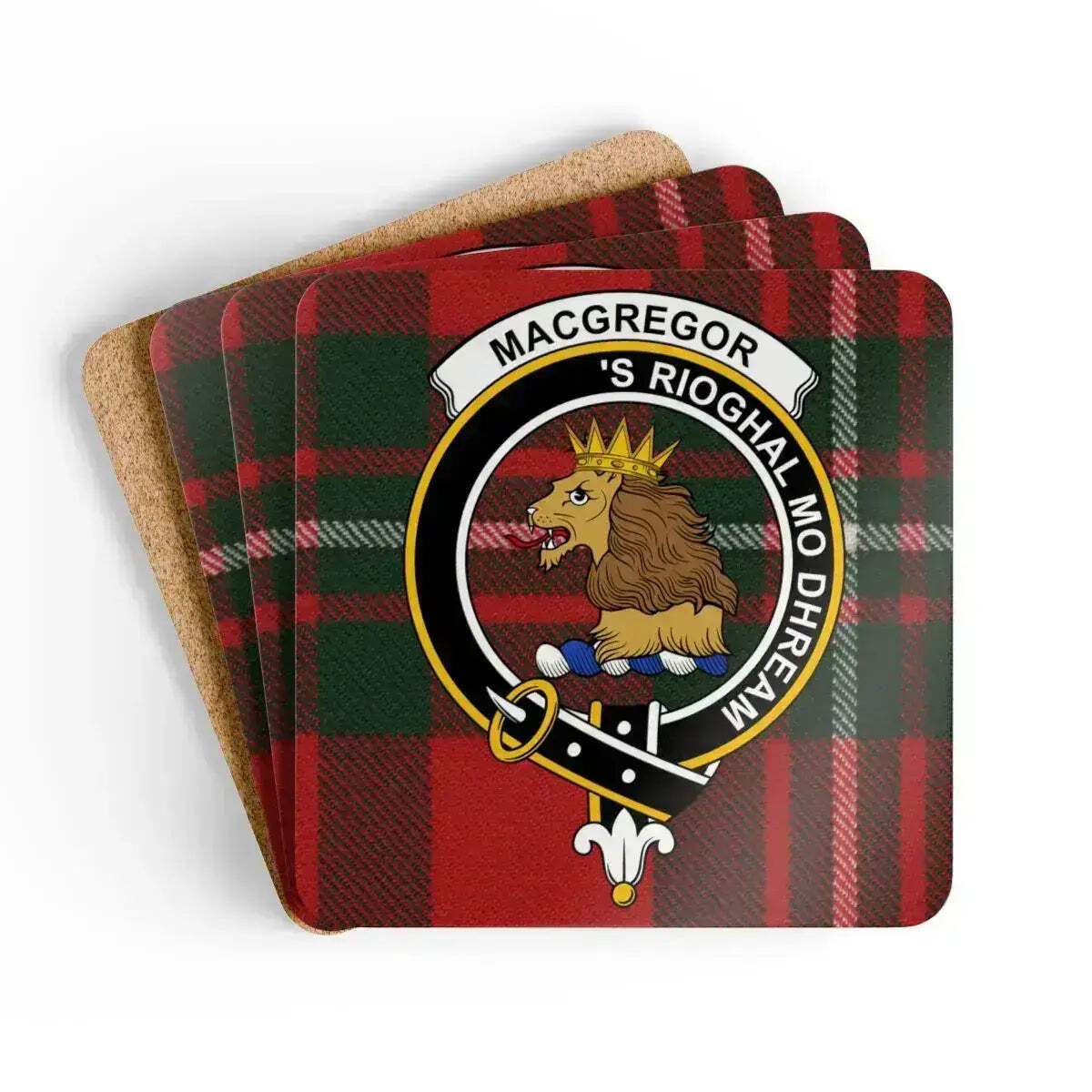 MacGregor Clan Crest Tartan Coaster Set – Set of 4 Natural Cork