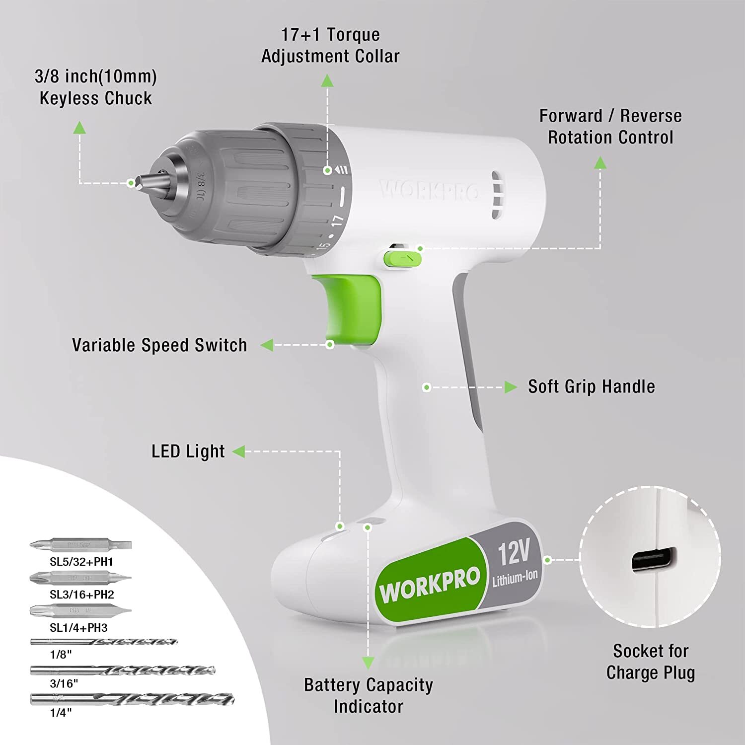 WORKPRO 12V Cordless Drill Driver Set Electric Power Drill Tool Kit w/6 Pcs Bits
