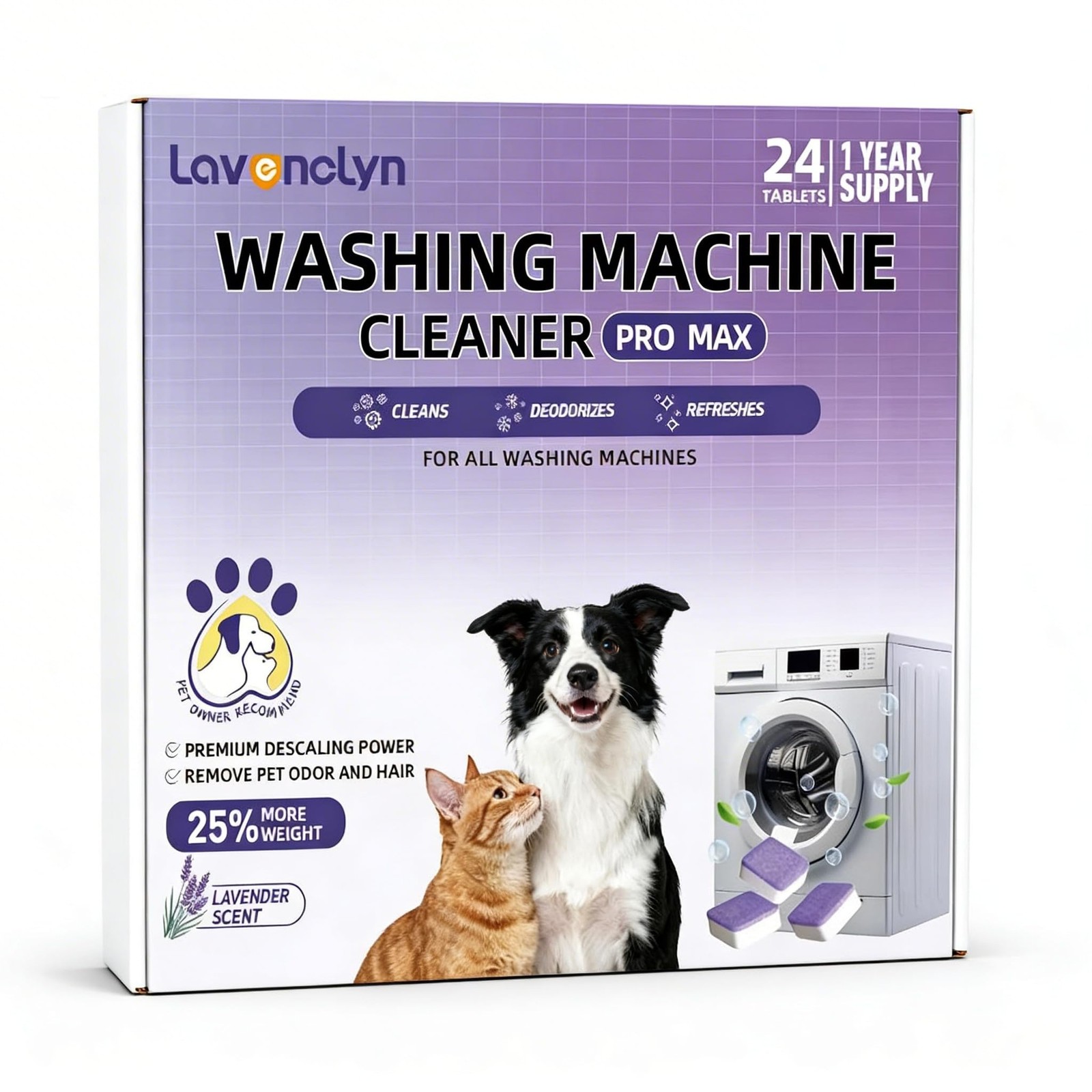 Lavenclyn Washing Machine Cleaner Tablets 24 Pack Enzymatic Pet Odor