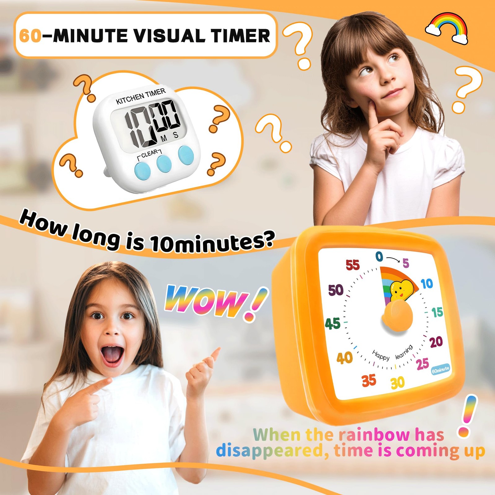 Visual Timer for Kids 60 Minute, Rainbow Countdown Clock with Silent Operatio...