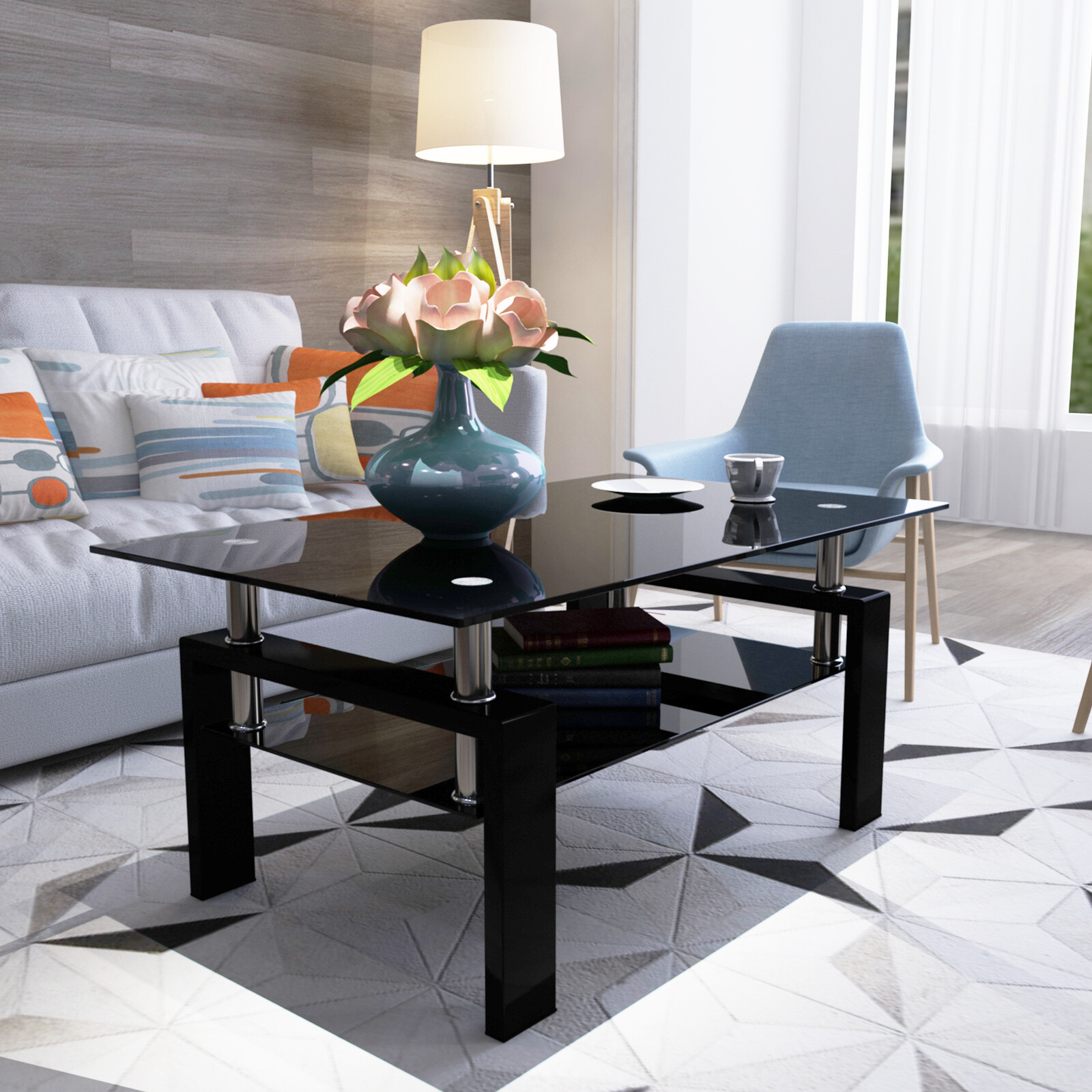 Modern Rectangle Glass Coffee Table Side Center Table with Shelf for Living Room