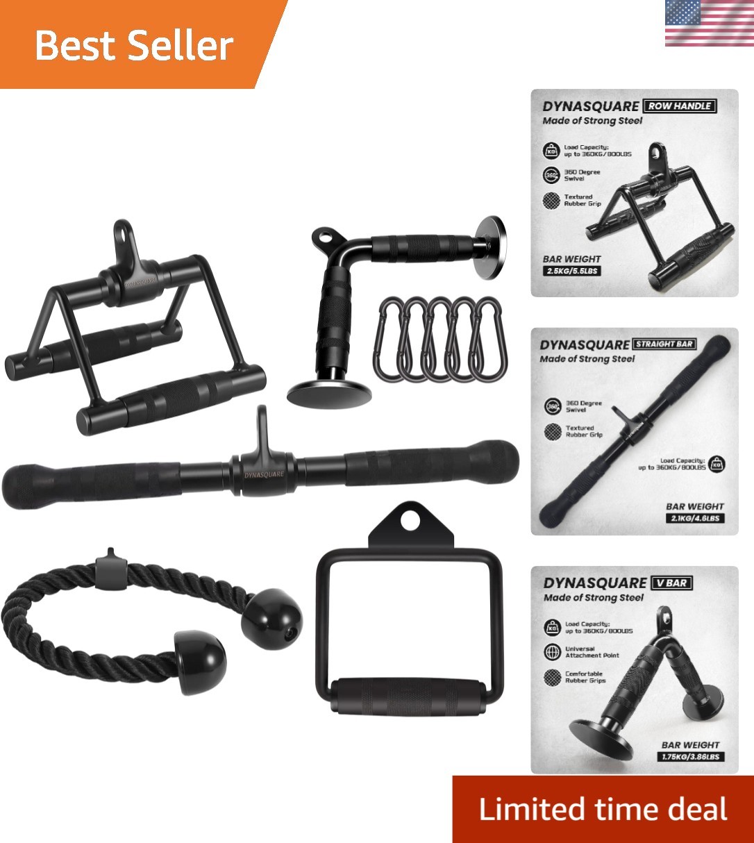 Set of 5 Home Gym Cable Attachments - Heavy Duty Steel Equipment
