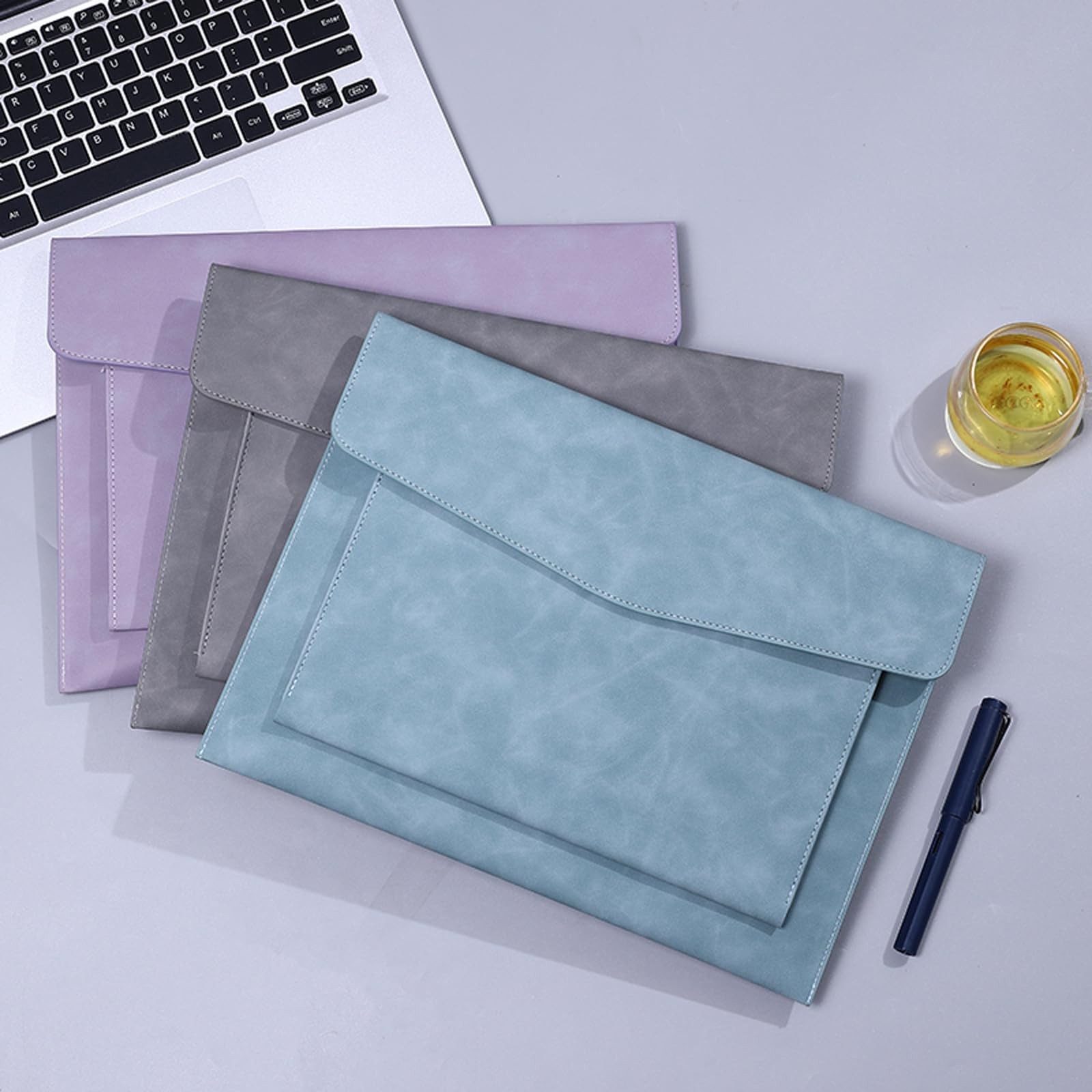 Cyan PU Leather A4 File Folder Document Holder 2 Compartment Snap Closure
