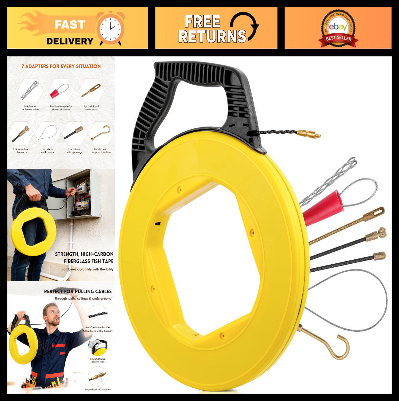 164FT Fiberglass Fish Tape Cable Puller Kit | Heavy Duty Wire Puller with 5 Tips