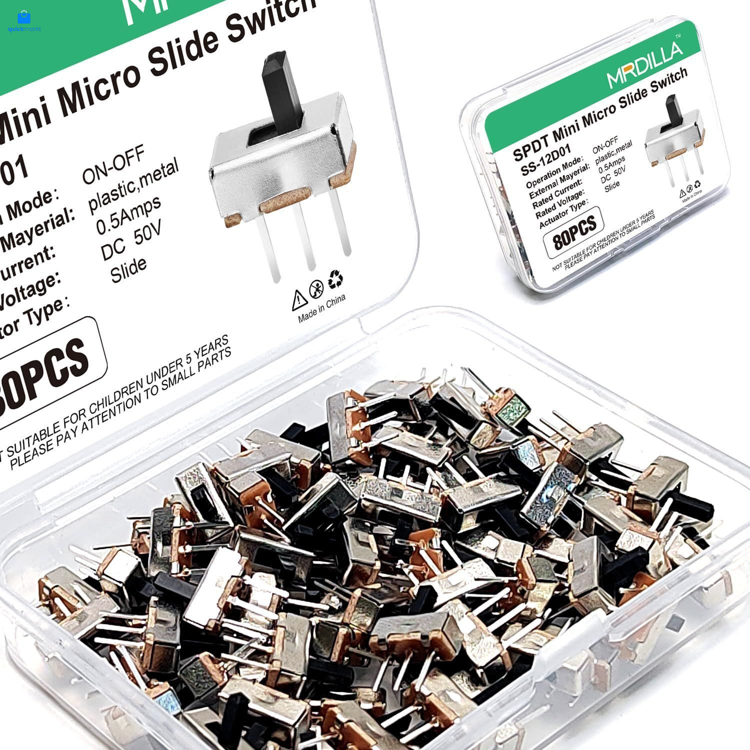 80 Pcs SPDT Micro Slide Switch 3 Pin 2 Position,Small 3mm Vertical silver