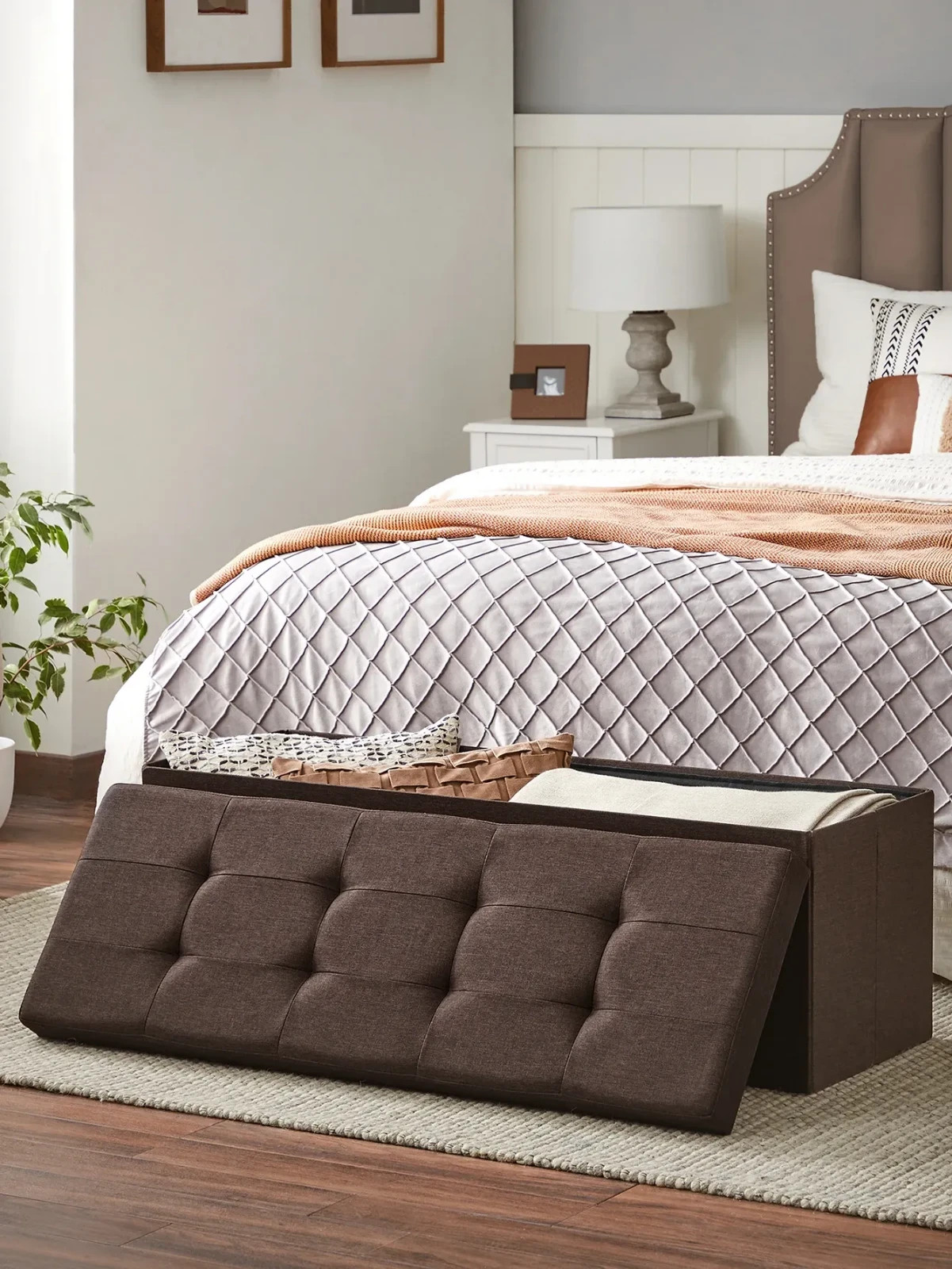 43 Inches Folding Storage Ottoman Bench With Storage FootStool For Bedroom Brown