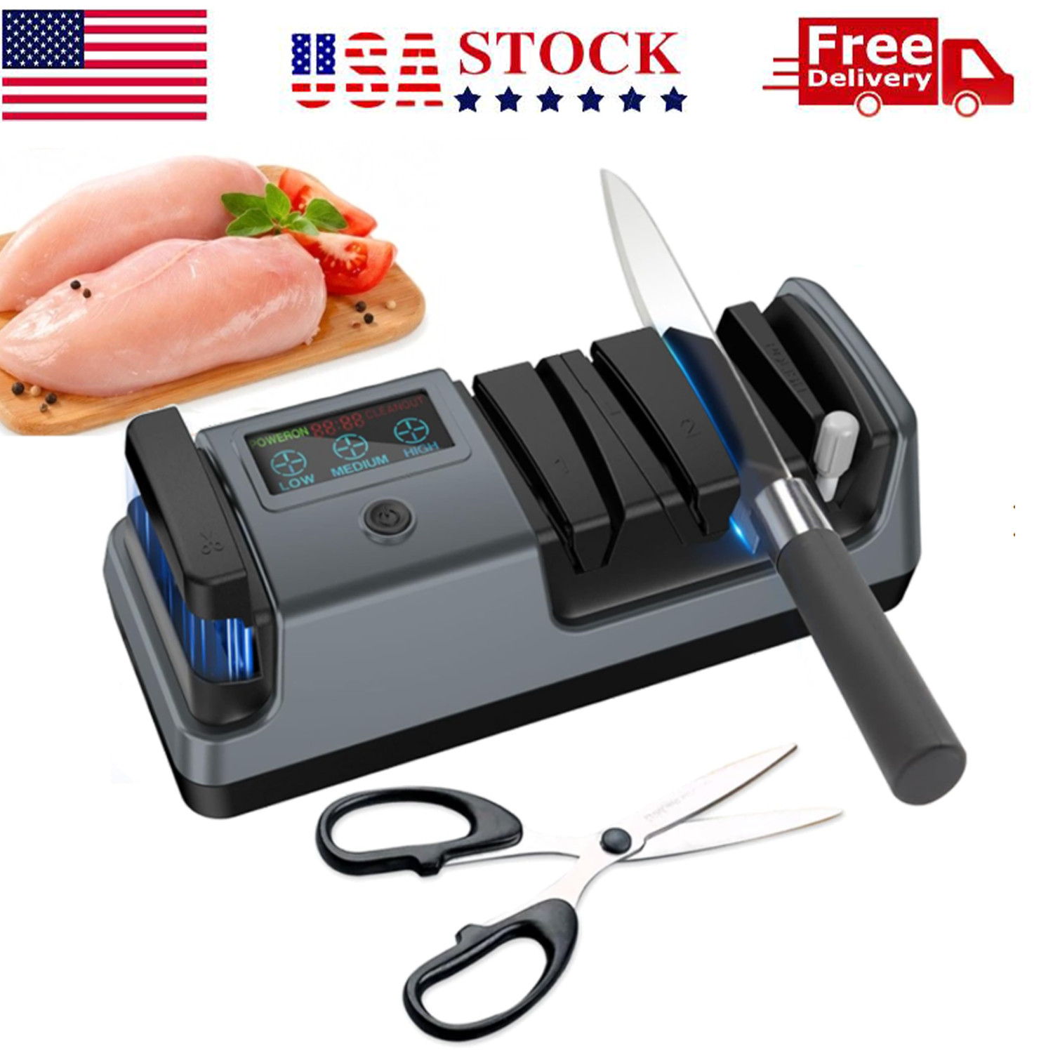 Electric 5-in-1 Electric Knife Sharpener 3 Speed Adjustable for Kitchen LCD Scre