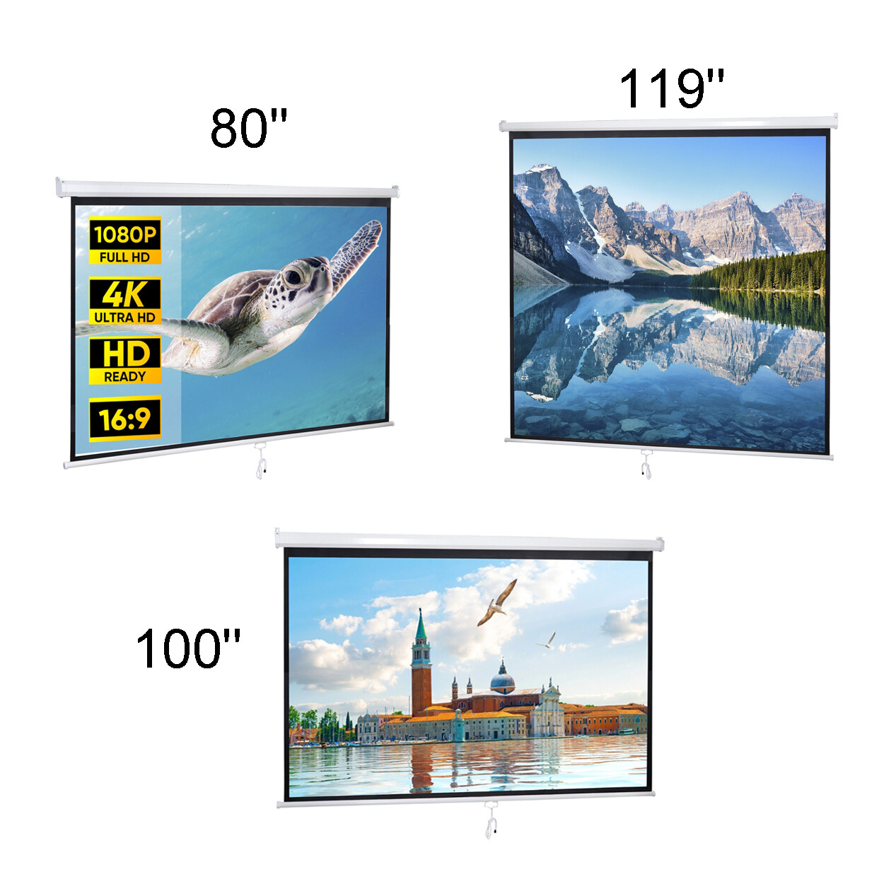 119"/100"/80" Manual Pull Down Projection Screen Matte HD Movie Theater