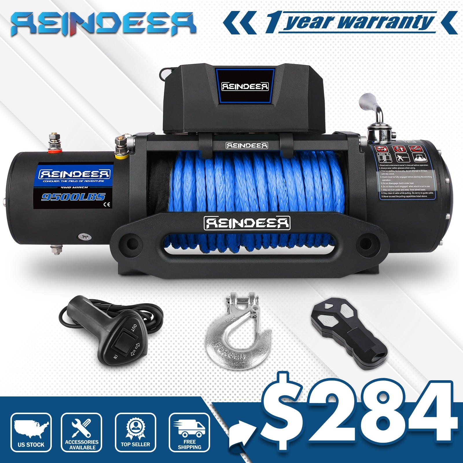 REINDEER 9500lbs Electric Winch Synthetic Rope 12V Towing Trailer Truck Off Road