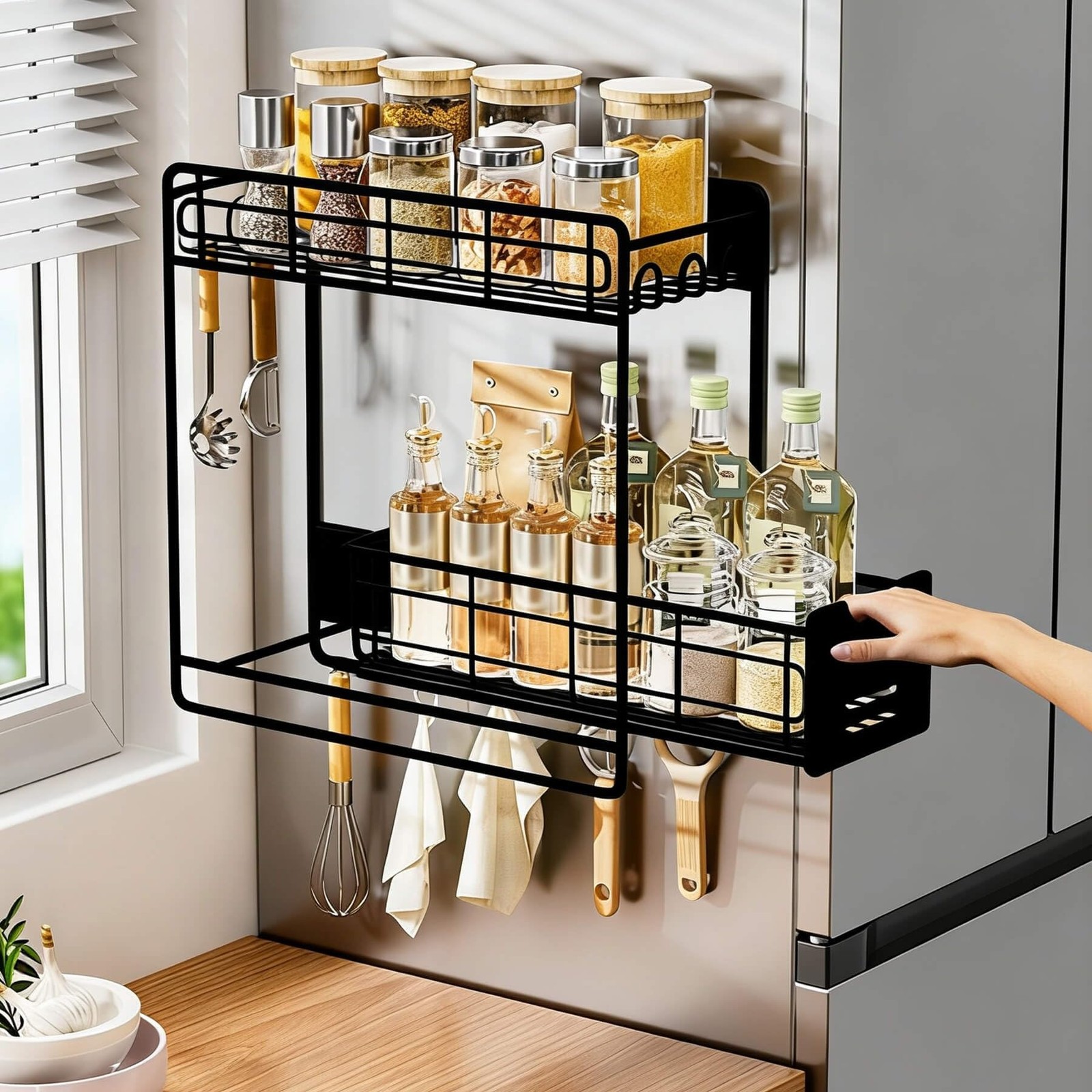 Magnetic Shelves for Washing Machine with Pull Out Shelf Black Sliding Racks