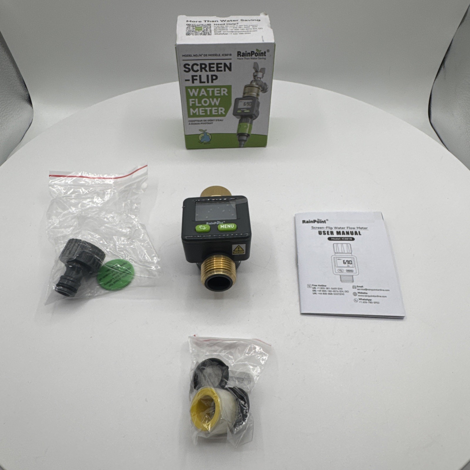 RainPoint ICS018 Digital Water Flow Meter 180° Flip Screen Garden Hose Brass