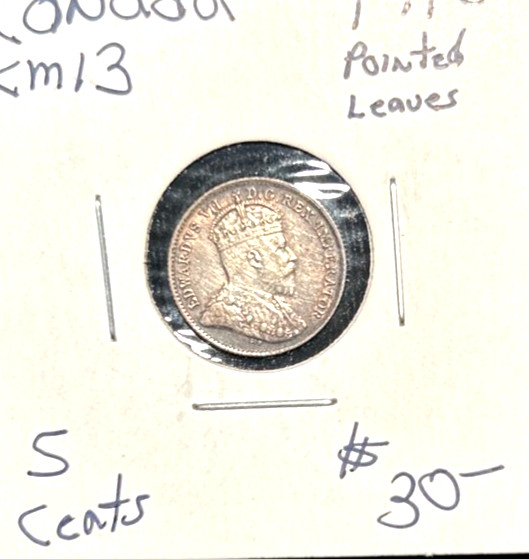 Canada 1910 5 cents KM 13 pointed leaves choice AU