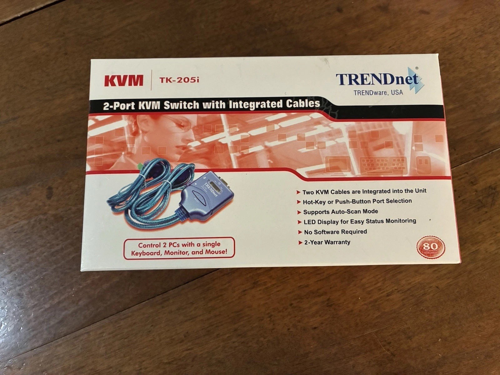Vintage Legacy TRENDnet 2-port KVM switch with integrated cables, NIB
