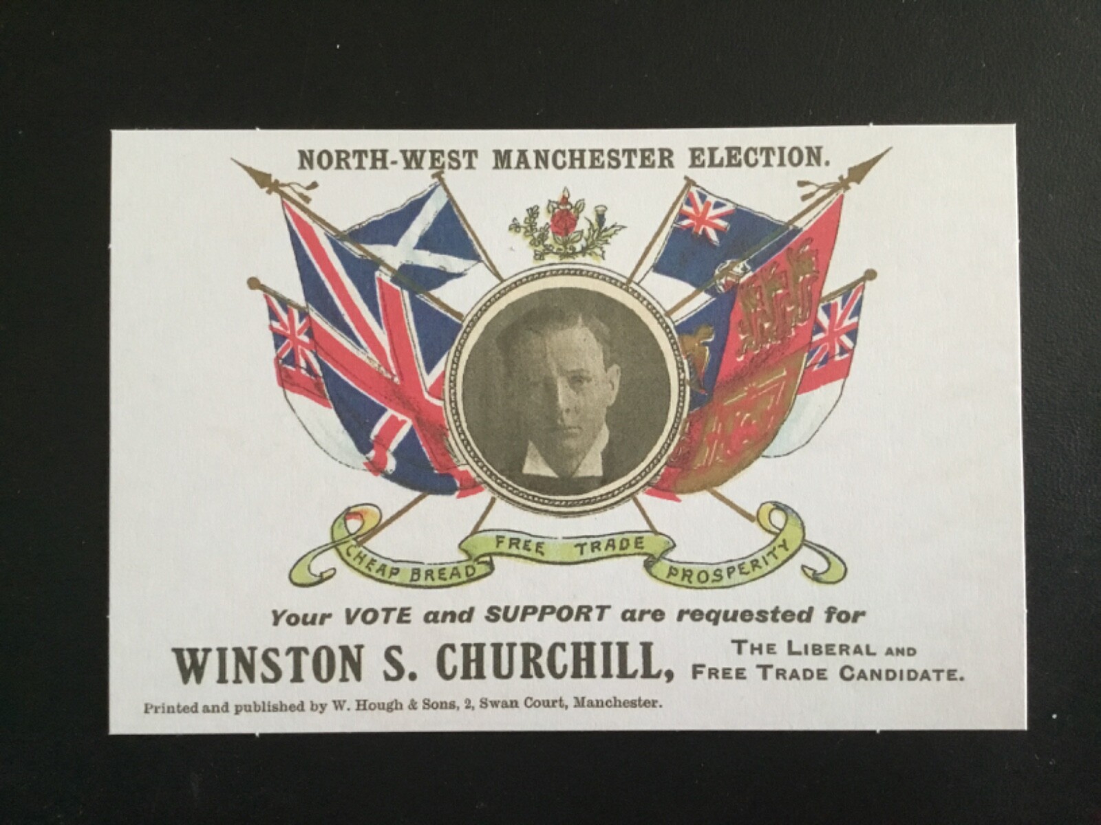 W CHURCHILL 1908 NORTH-WEST MANCHESTER LIBERAL FREE TRADE CANDIDATE CARD *Repro*