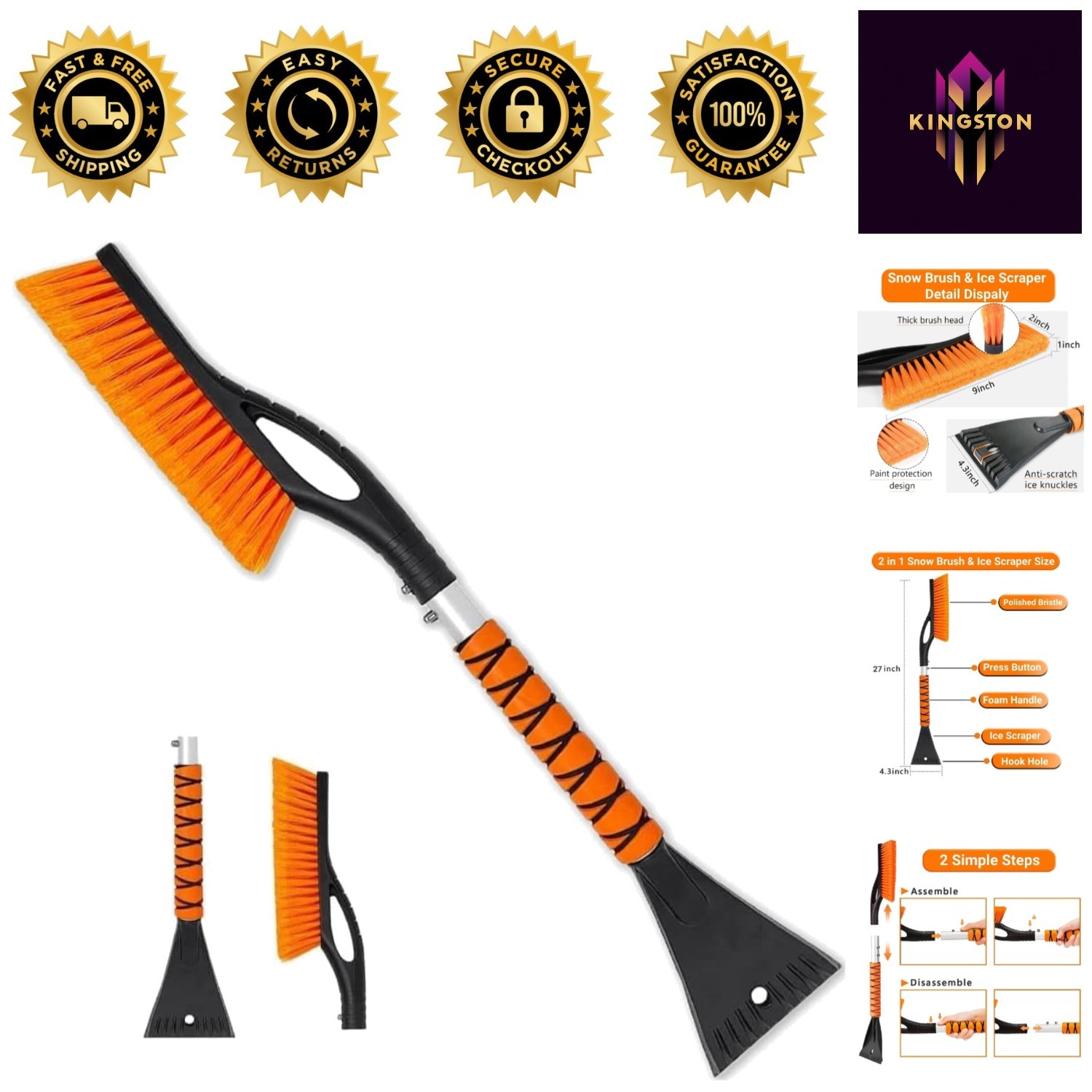 27-Inch Detachable Ice Scraper for Windshield - Ergonomic Grip & Snow Removal