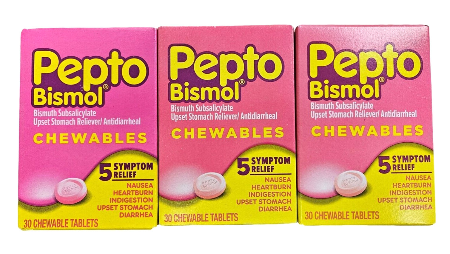 Pepto Bismol CHEWABLES for Nausea, Upset Stomach 30ct ( 3 boxes ) --