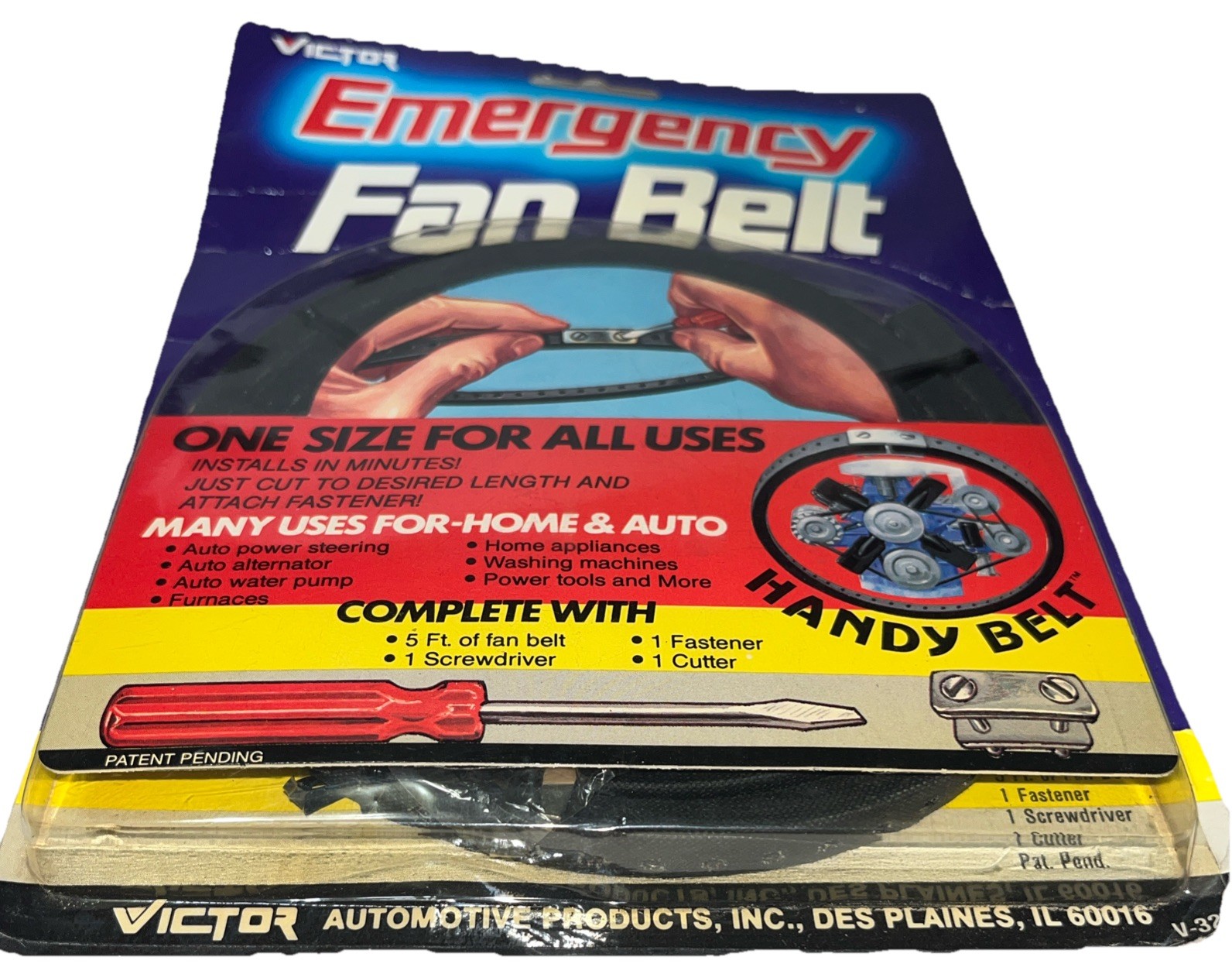 Victor Emergency Fan Belt 5ft Belt, 1 Fastener, 1 Screwdriver, and 1 Cutter New