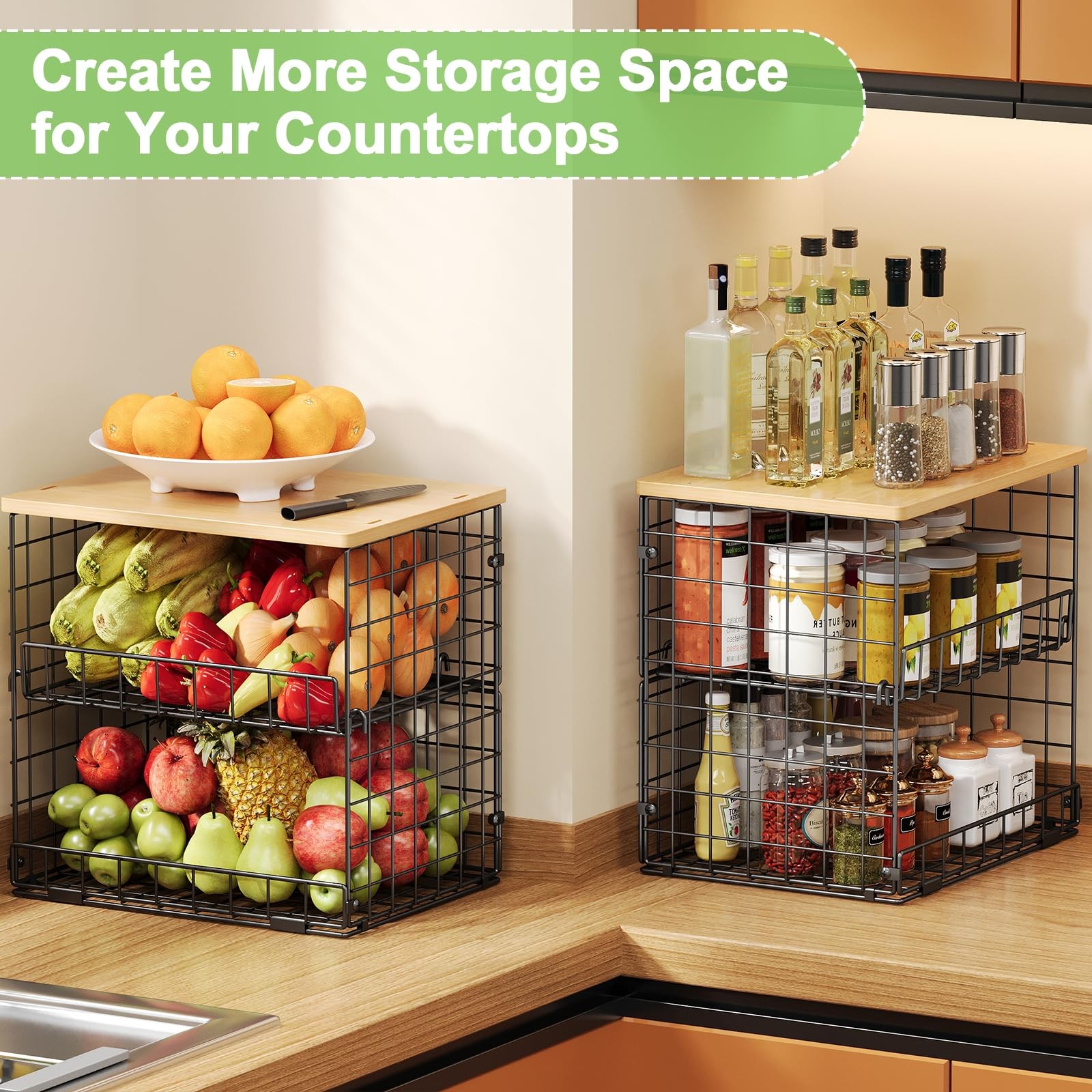 Best 4 Pack Stackable Wire Baskets for Pantry Organizers and Storage, with Fixed